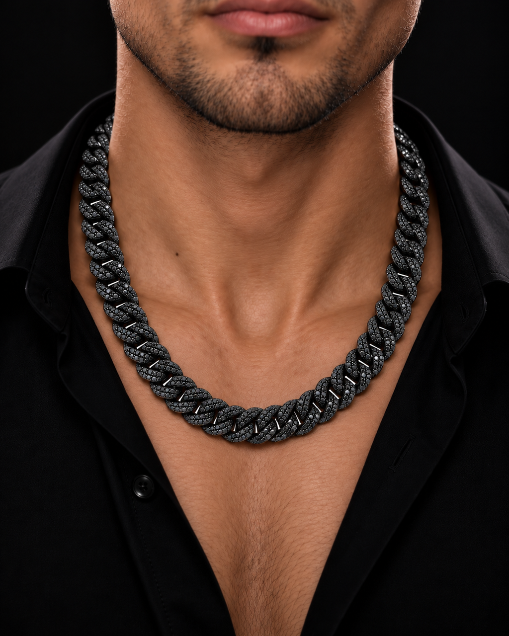 Black Moissanite Iced Out Cuban Link Chain – Bust Down Hip Hop Necklace