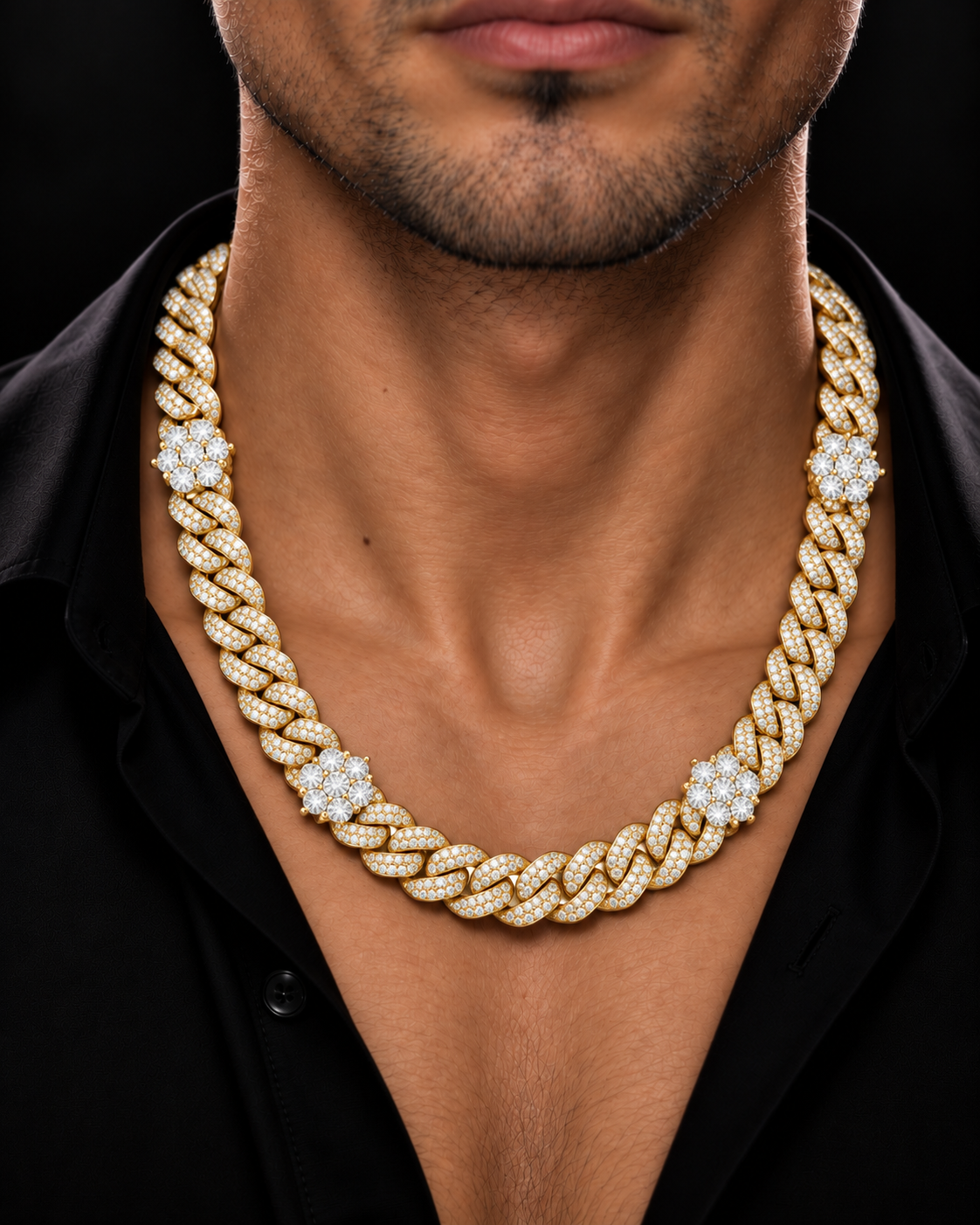 10MM Iced-Out Cuban Link Chain with Floral Accents – 925 Sterling Silver