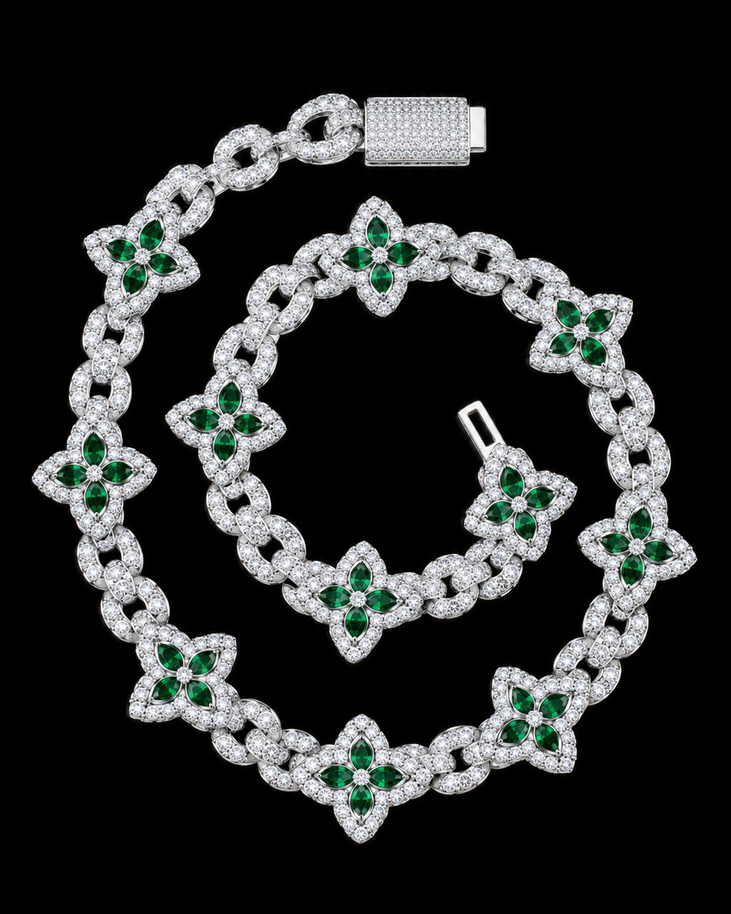 Green Floral Moissanite Link Chain – 925 Sterling Silver