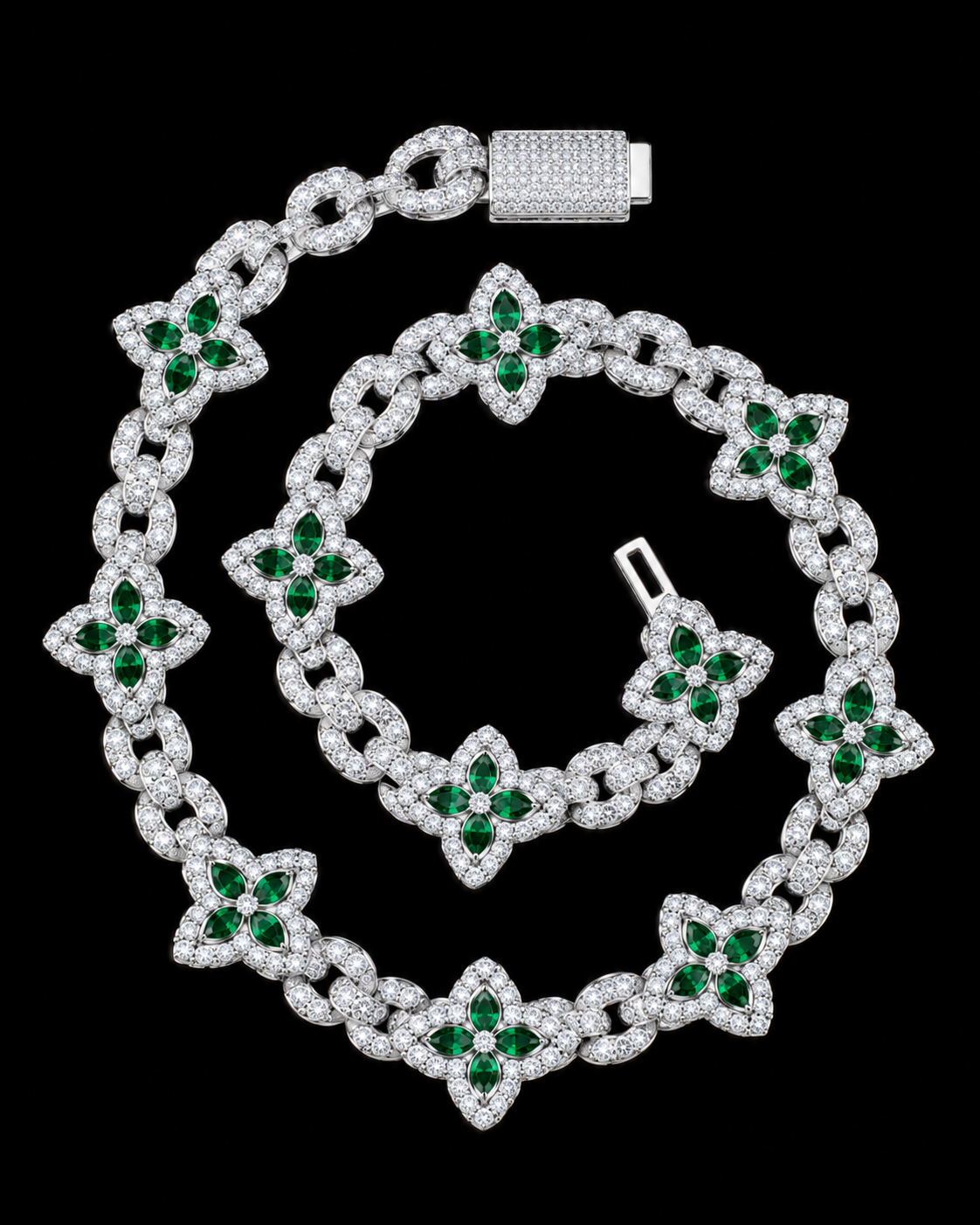 Green Floral Moissanite Link Chain – 925 Sterling Silver