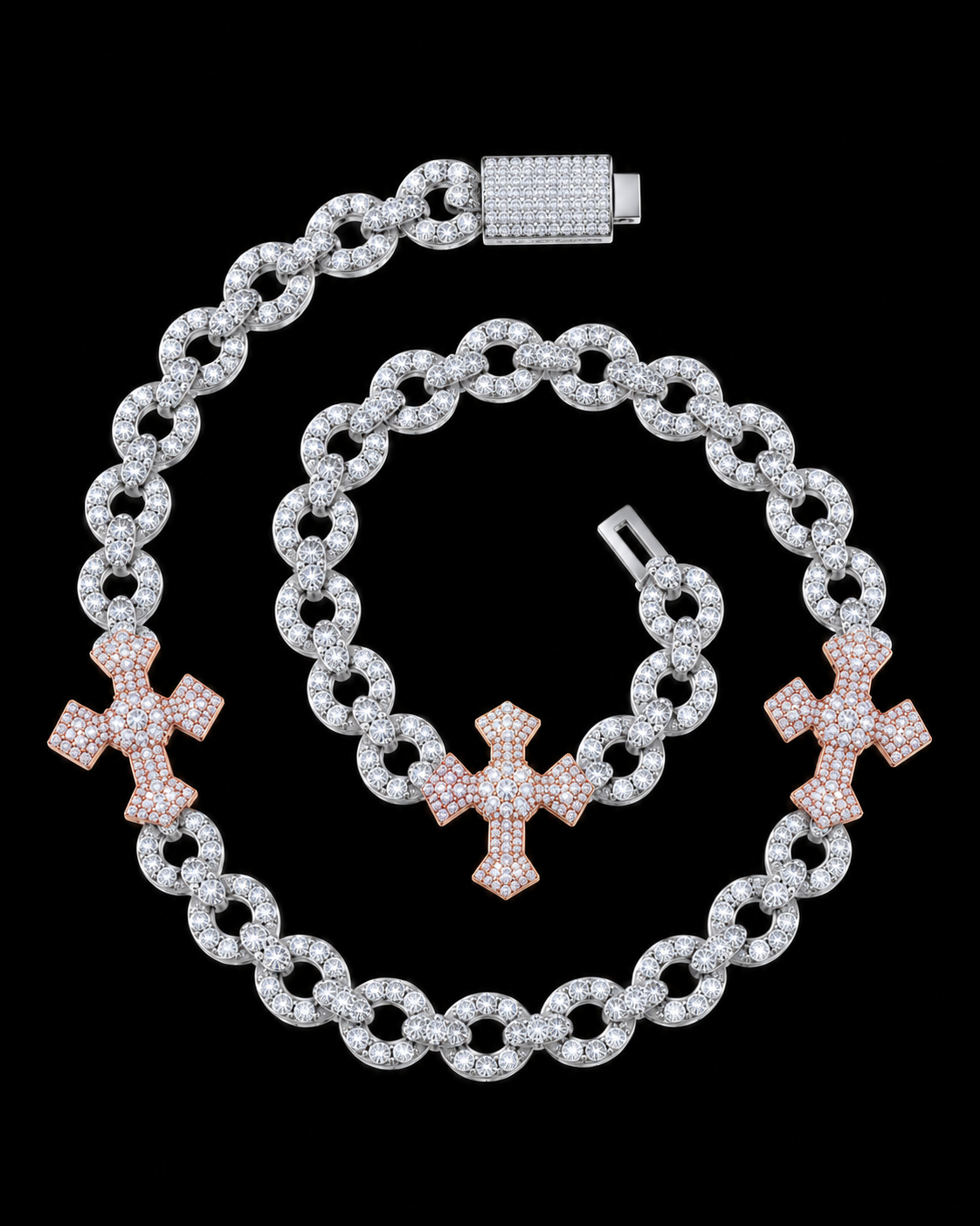 15mm Two-Tone Cross Moissanite Link Chain – 925 Sterling Silver