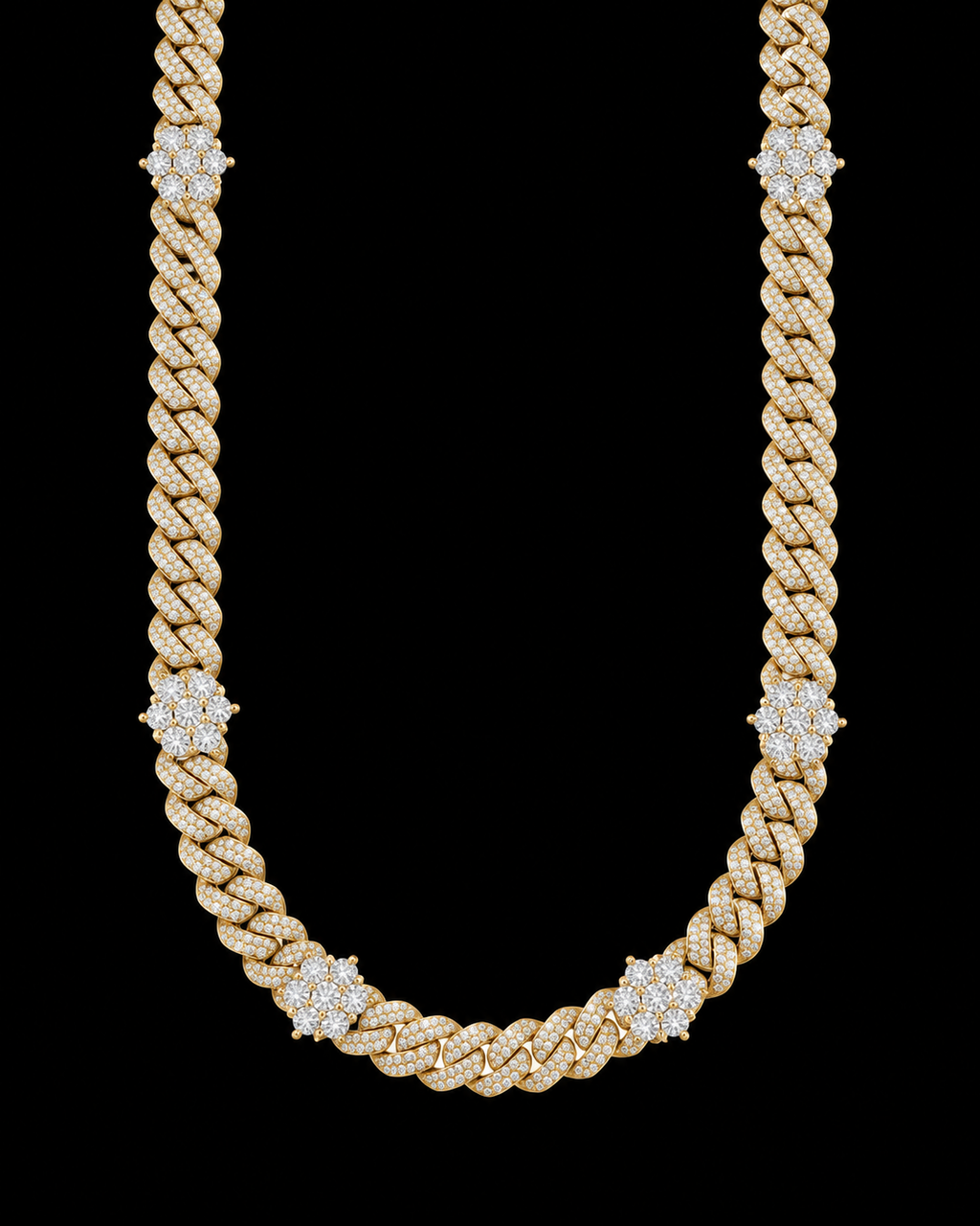 10MM Iced-Out Cuban Link Chain with Floral Accents – 925 Sterling Silver