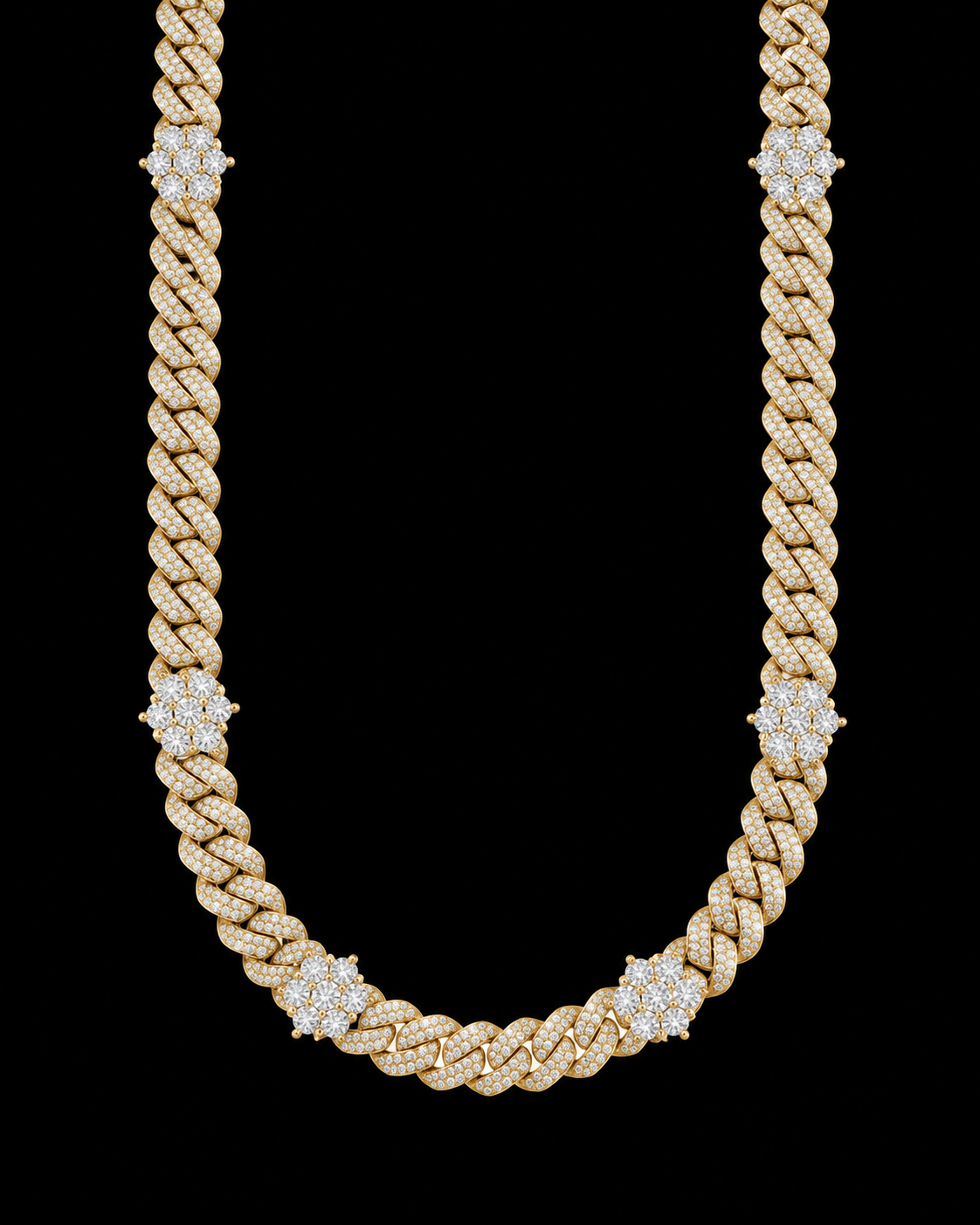 10MM Iced-Out Cuban Link Chain with Floral Accents – 925 Sterling Silver
