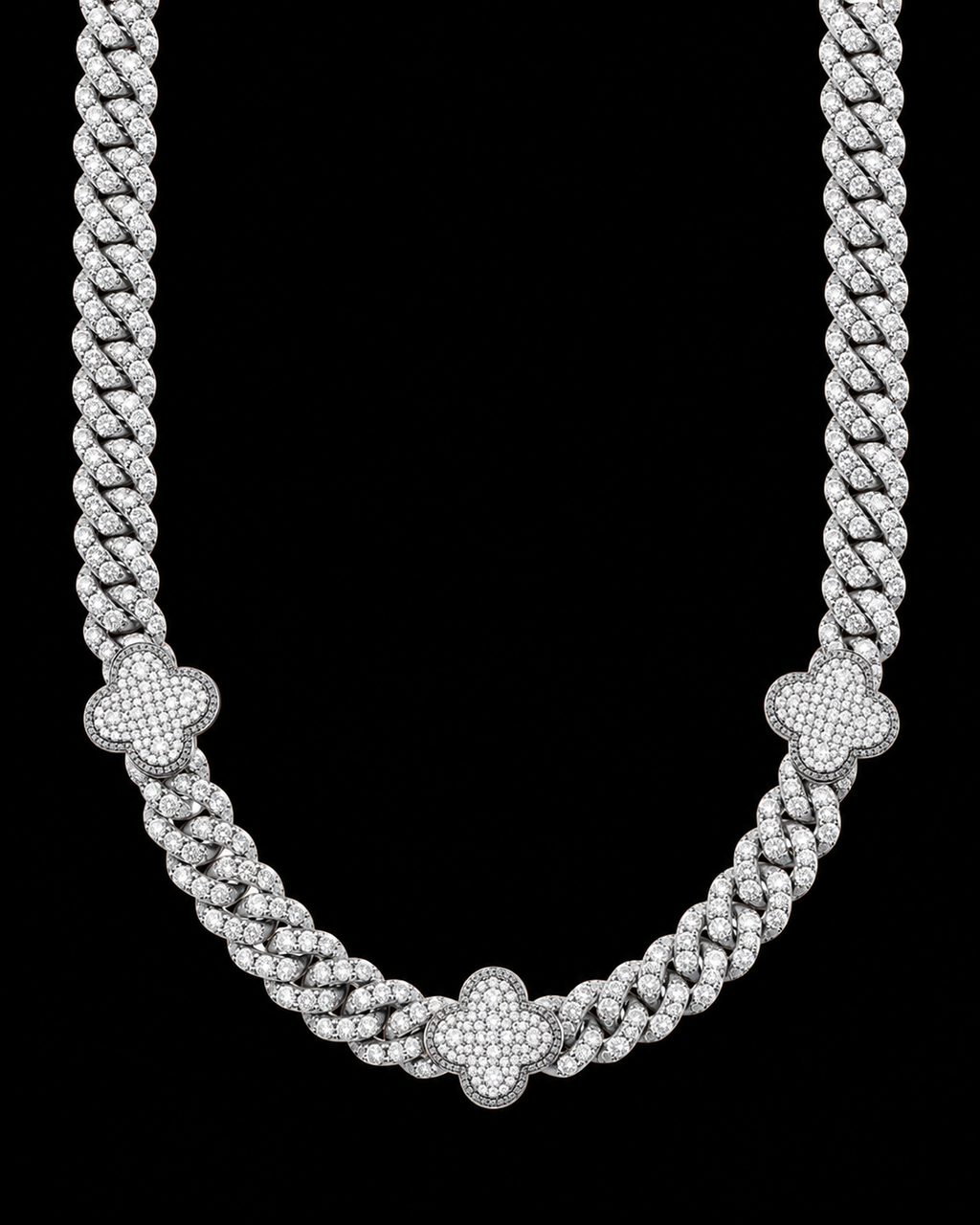 VVS Moissanite Clover Cuban Link Chain – White Gold Finish Iced Out Necklace