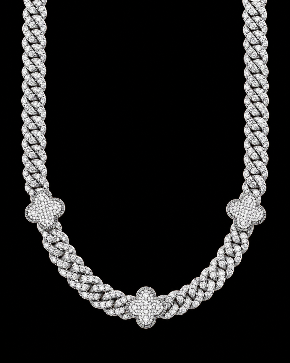 VVS Moissanite Clover Cuban Link Chain – White Gold Finish Iced Out Necklace
