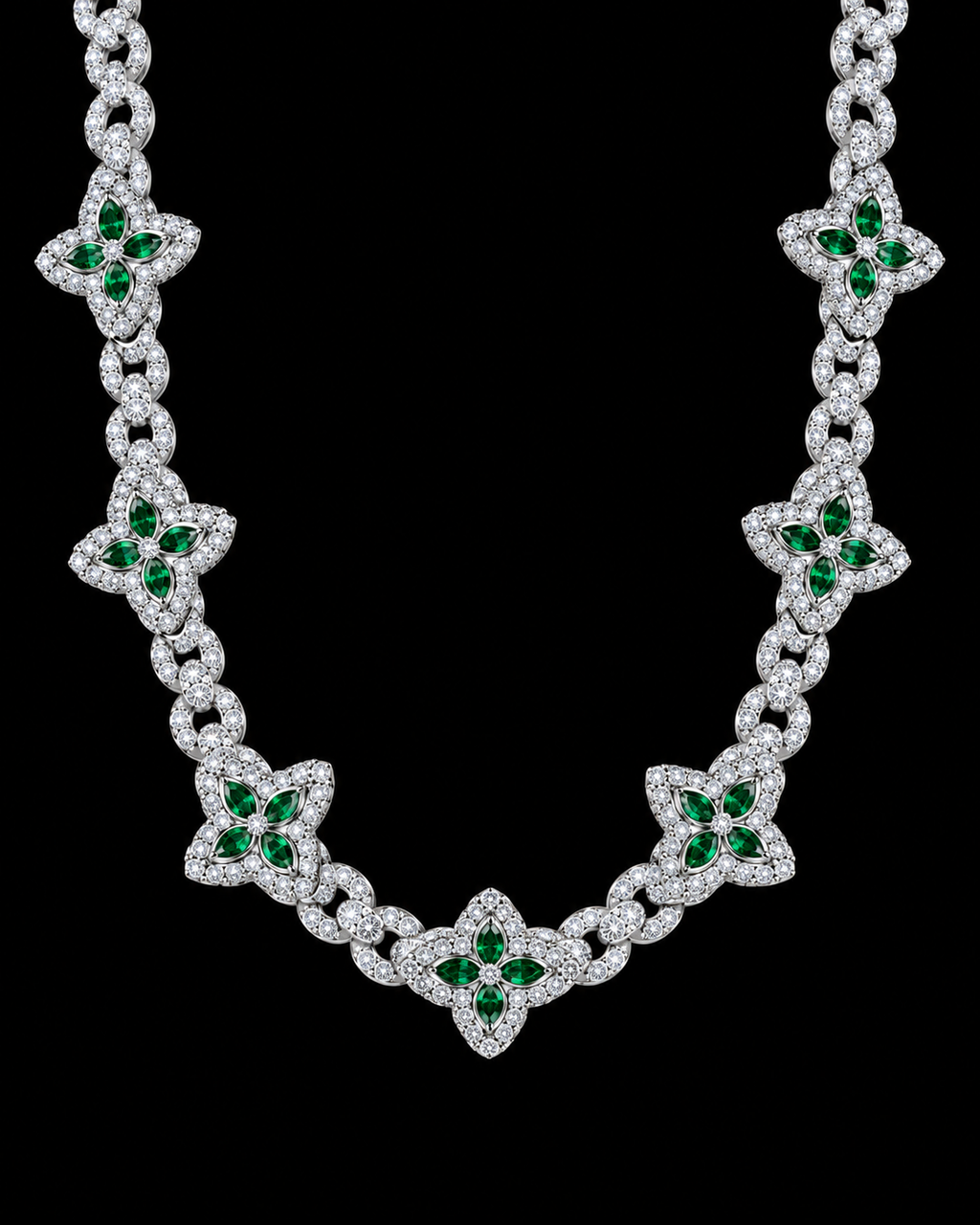 Green Floral Moissanite Link Chain – 925 Sterling Silver