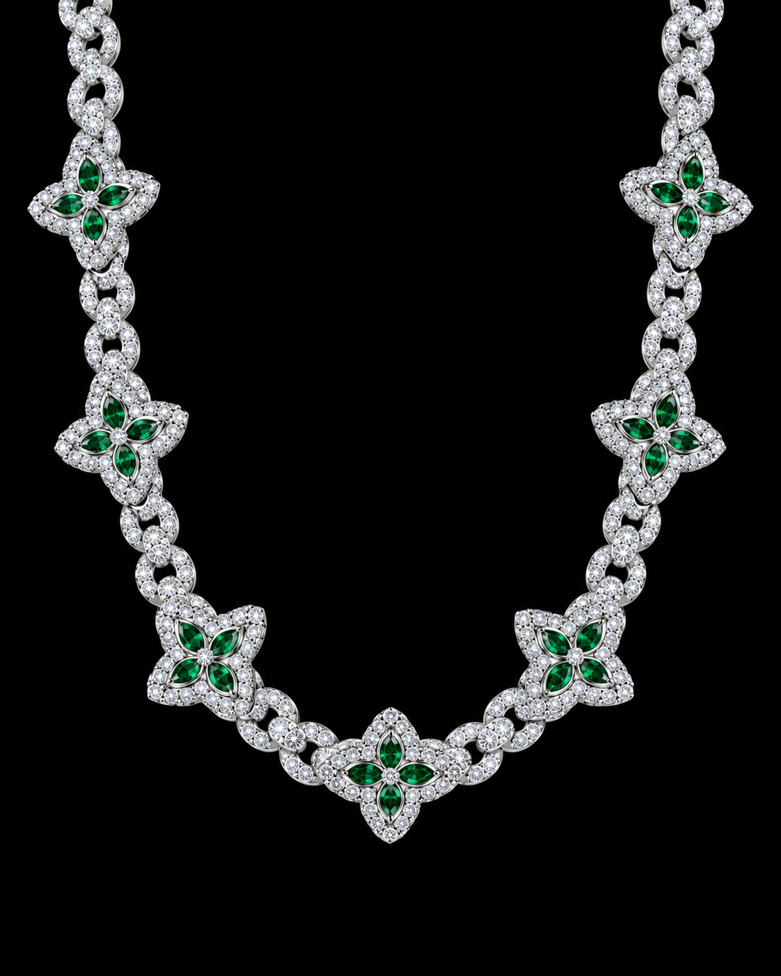 Green Floral Moissanite Link Chain – 925 Sterling Silver