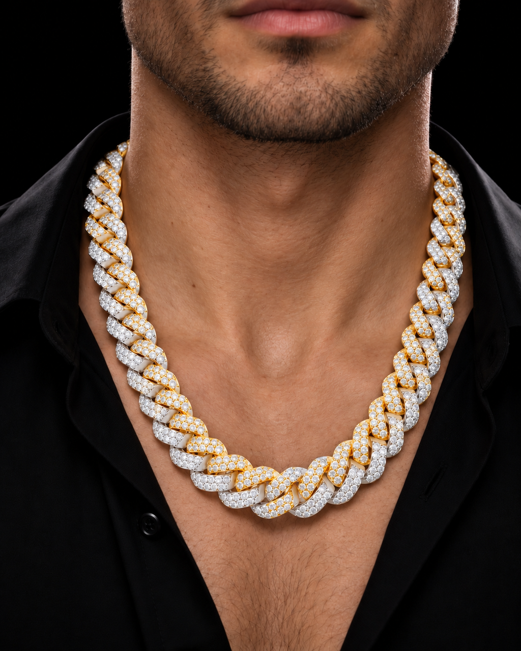 10mm Two-Tone Moissanite Cuban Link Chain – 925 Sterling Silver