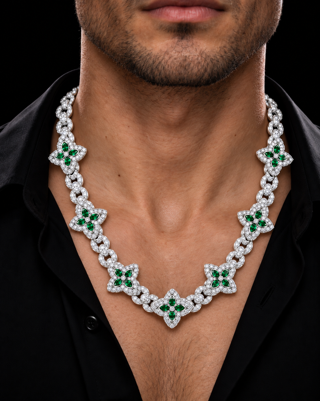 Green Floral Moissanite Link Chain – 925 Sterling Silver