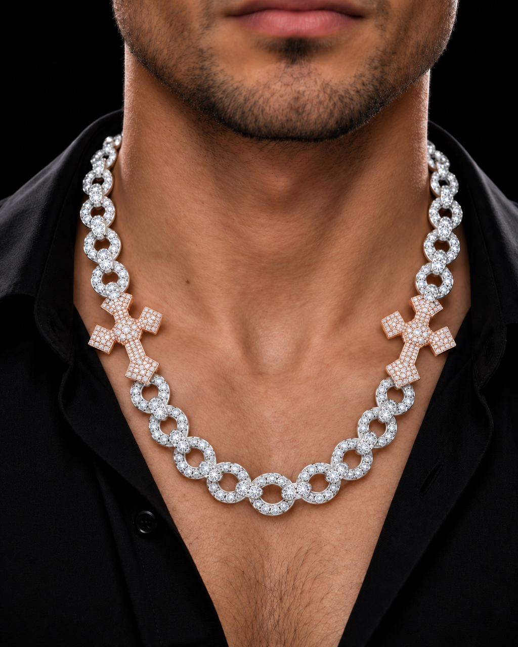 15mm Two-Tone Cross Moissanite Link Chain – 925 Sterling Silver