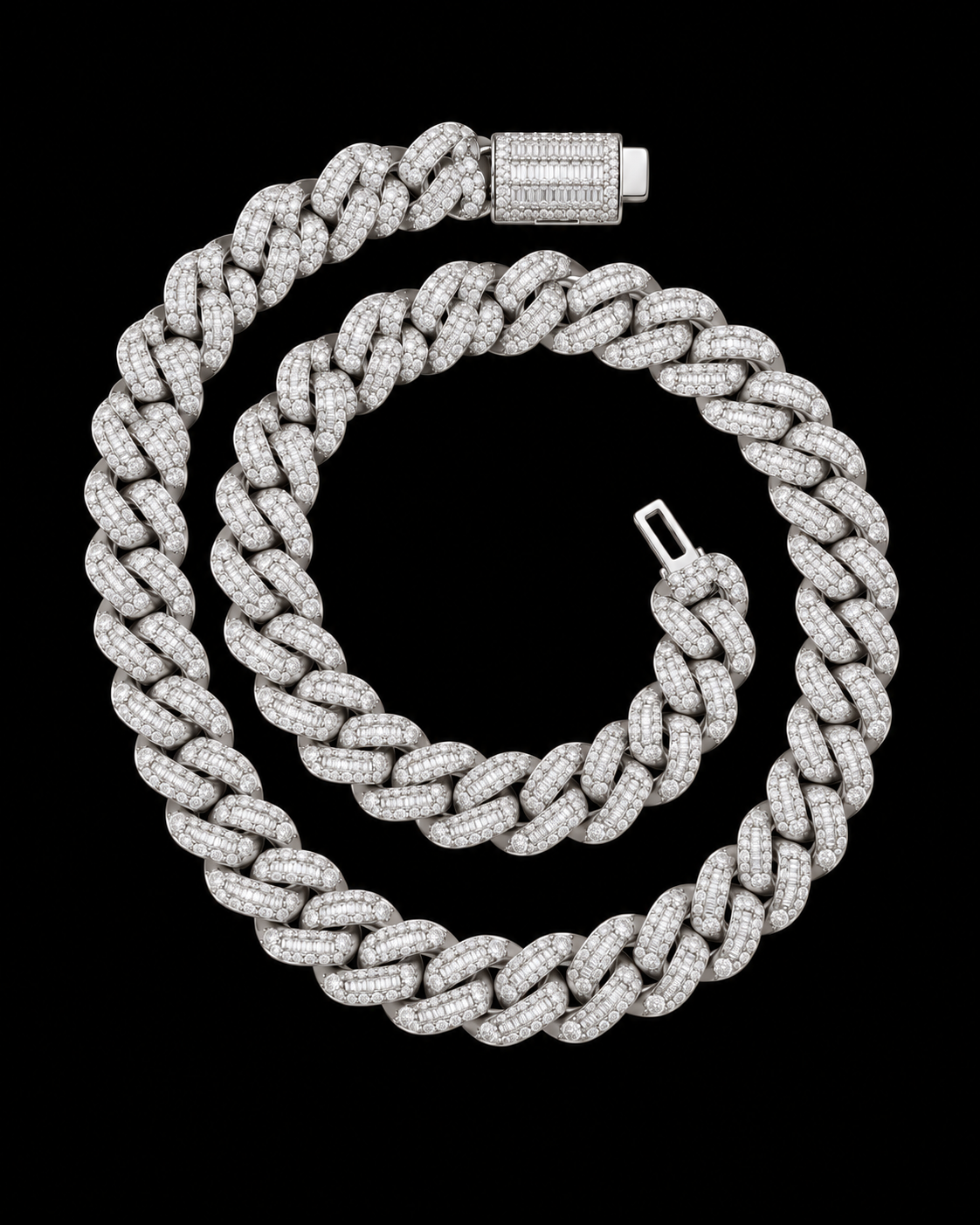 15MM Baguette Iced-Out Cuban Link Chain – 925 Sterling Silver