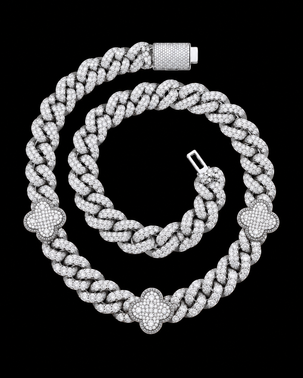 VVS Moissanite Clover Cuban Link Chain – White Gold Finish Iced Out Necklace