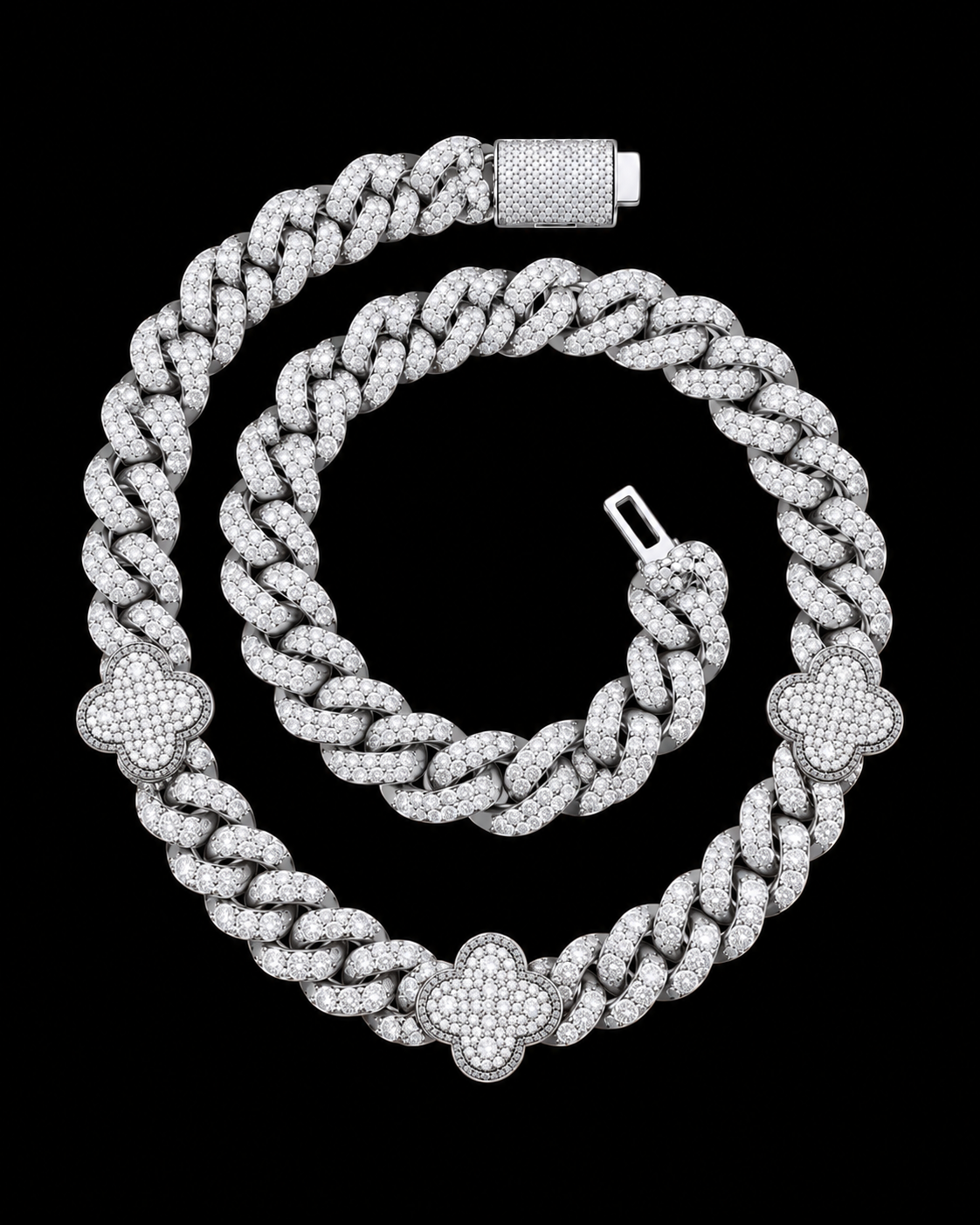 VVS Moissanite Clover Cuban Link Chain – White Gold Finish Iced Out Necklace