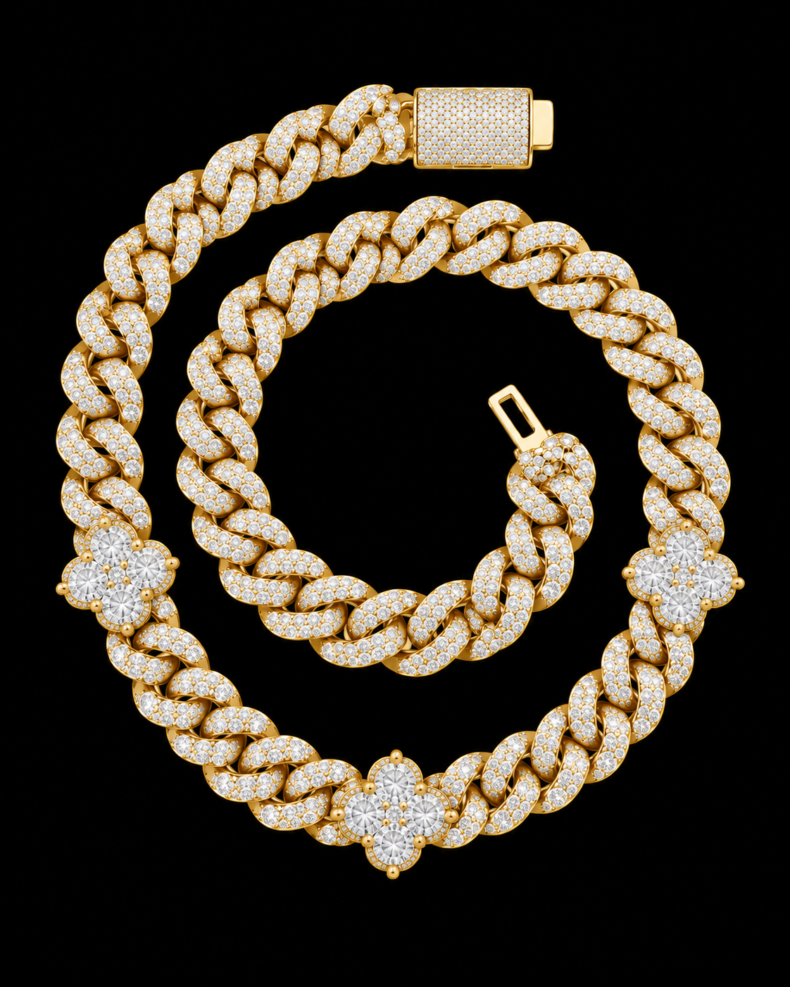 10MM Iced-Out Cuban Link Chain with Floral Accents – 925 Sterling Silver