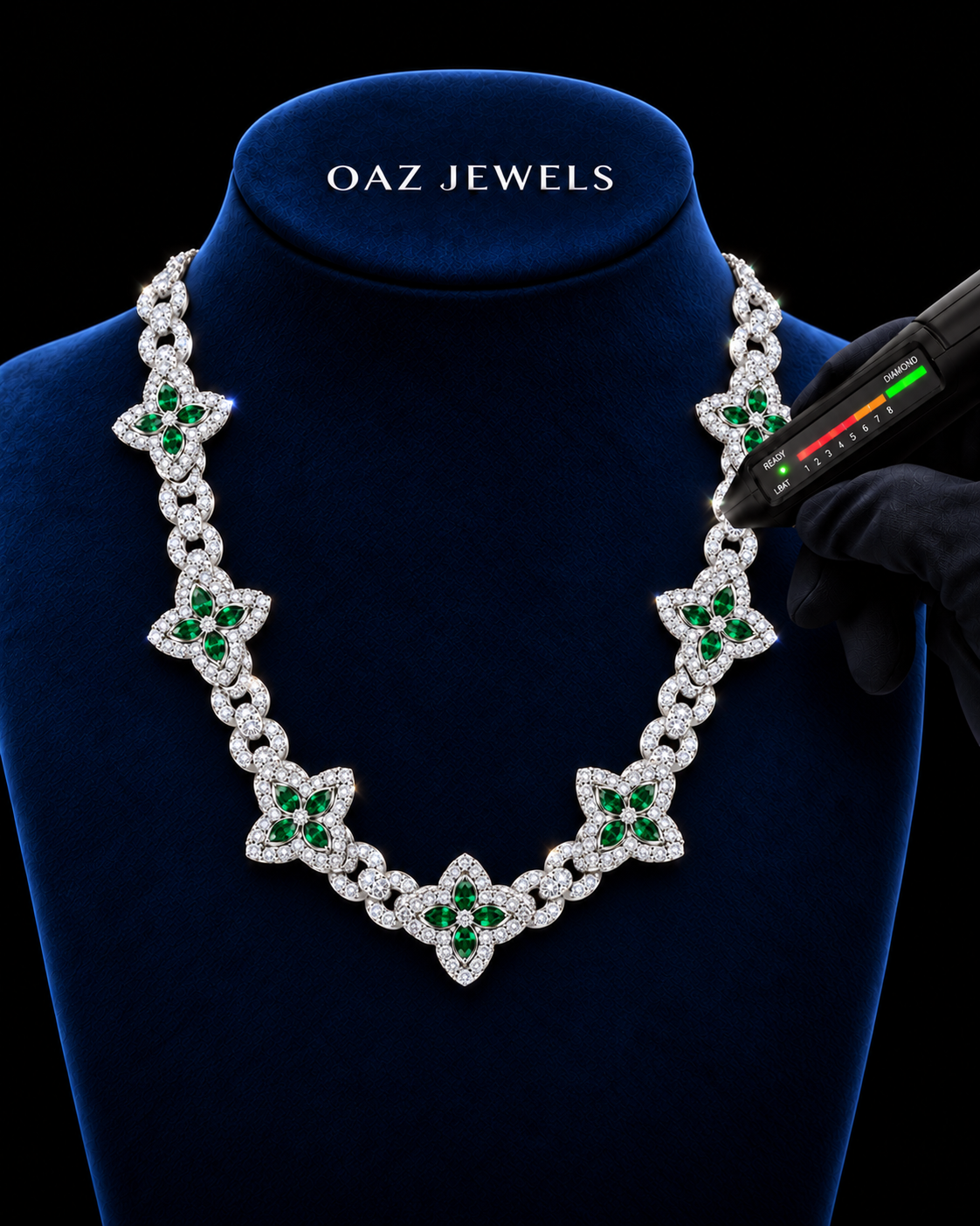 Green Floral Moissanite Link Chain – 925 Sterling Silver
