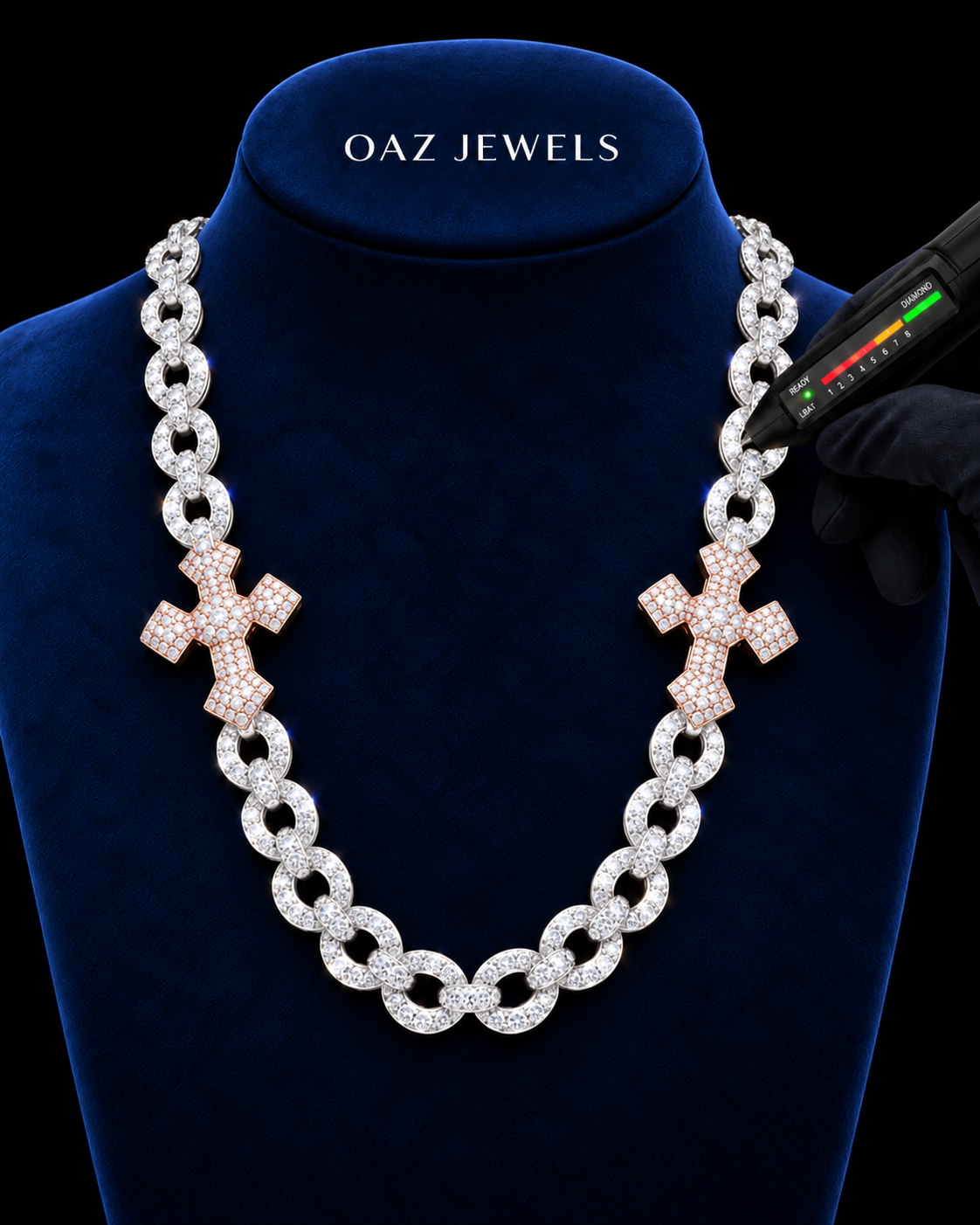 15mm Two-Tone Cross Moissanite Link Chain – 925 Sterling Silver