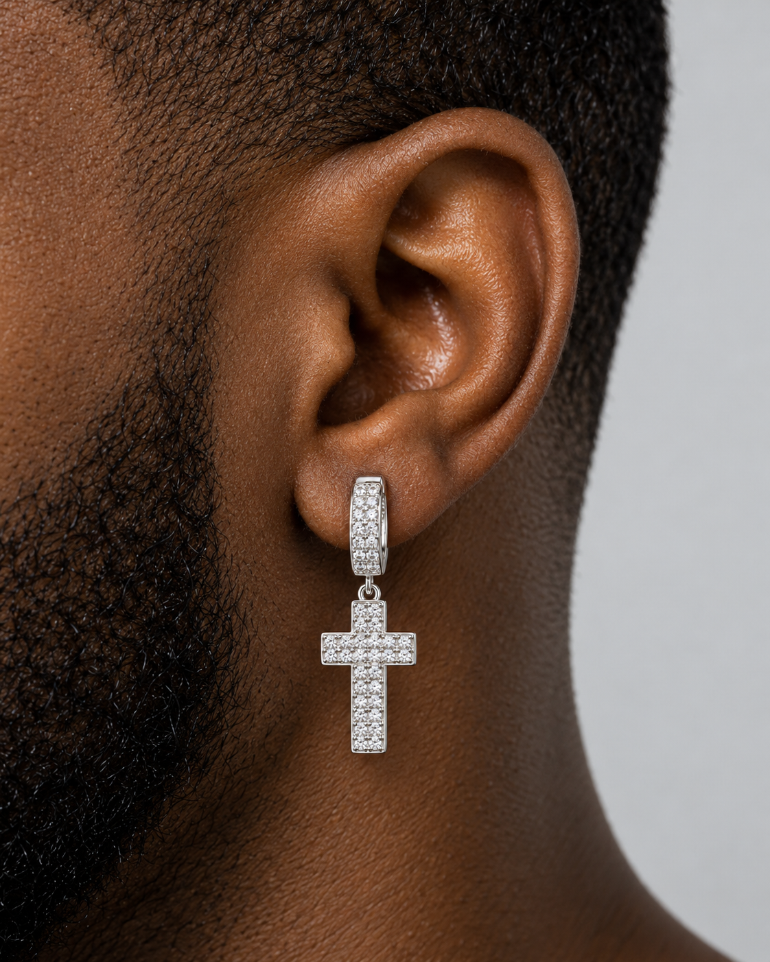 Moissanite Pave Cross Drop Huggie Earrings – 925 Sterling Silver