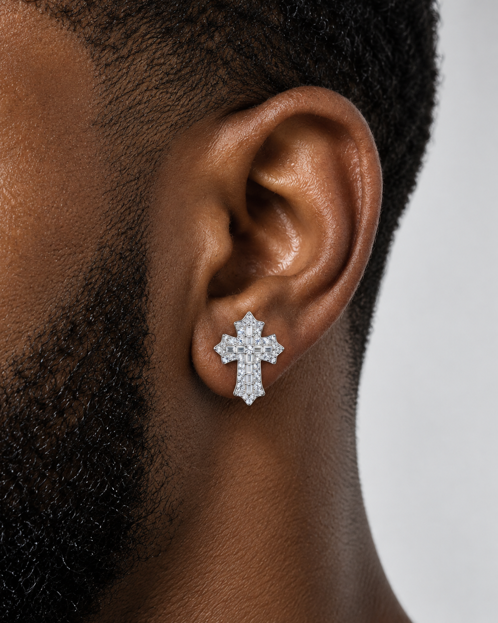 Baguette Cross Moissanite Stud Earrings – 925 Sterling Silver
