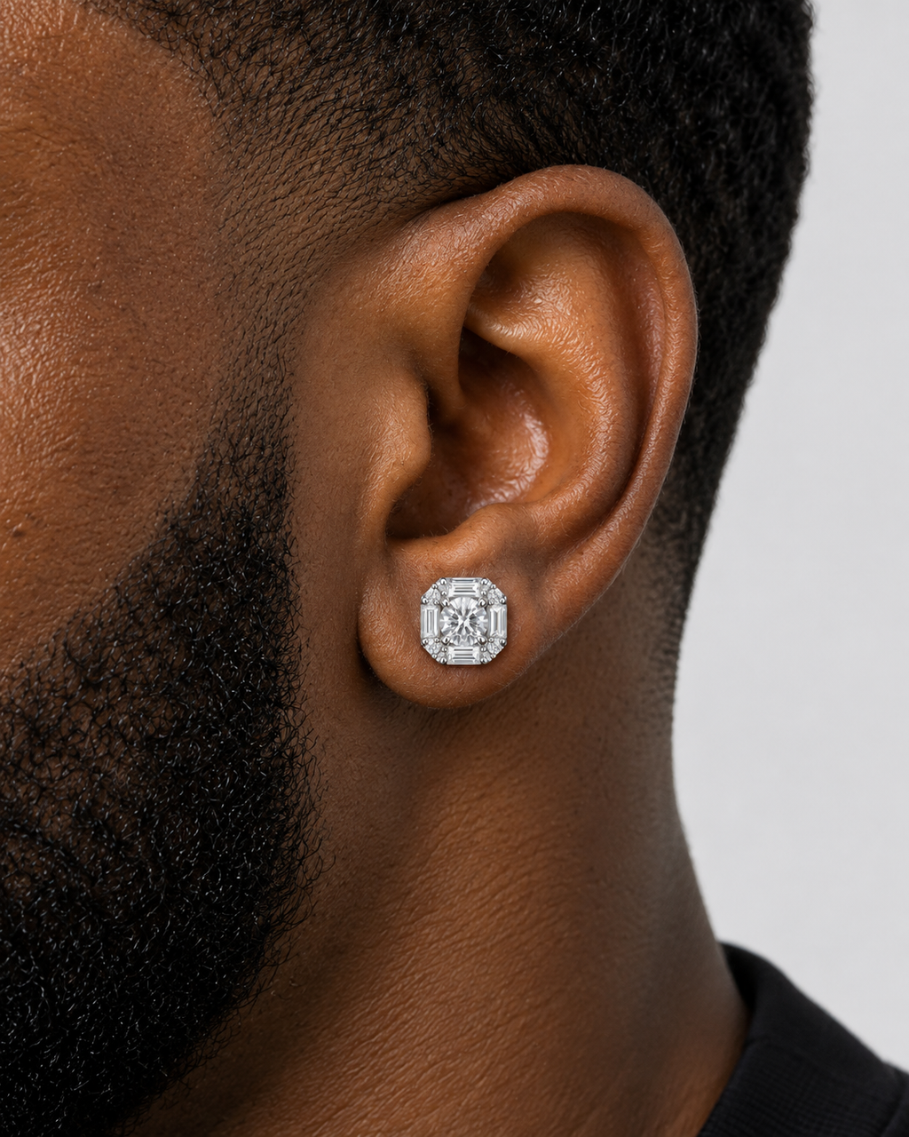 Round & Baguette Moissanite Cluster Stud Earrings – 925 Sterling Silver