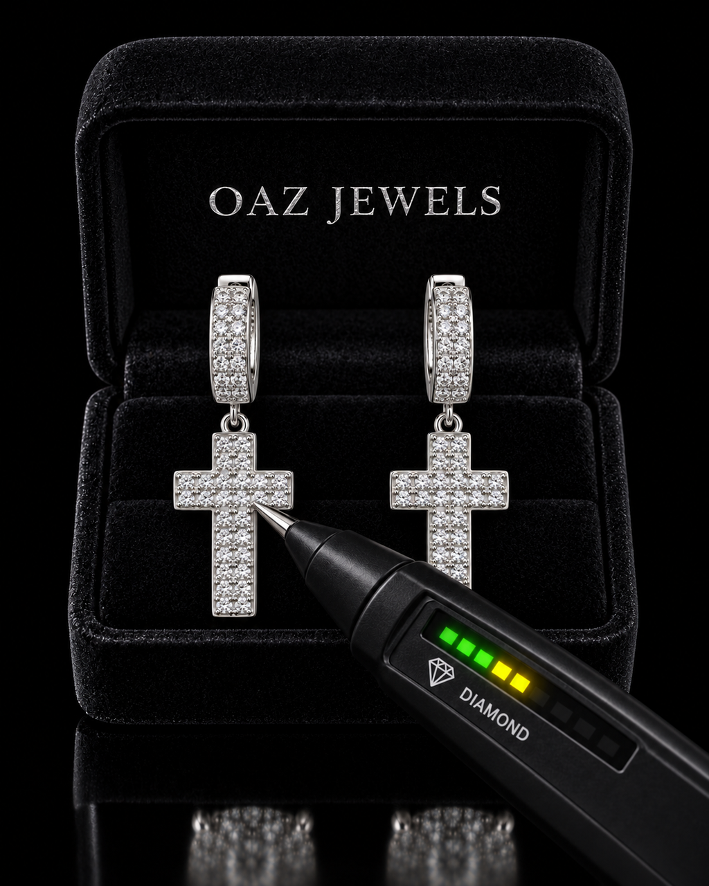 Moissanite Pave Cross Drop Huggie Earrings – 925 Sterling Silver
