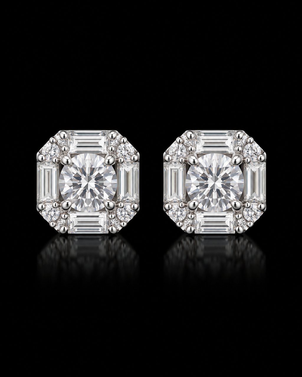 Round & Baguette Moissanite Cluster Stud Earrings – 925 Sterling Silver