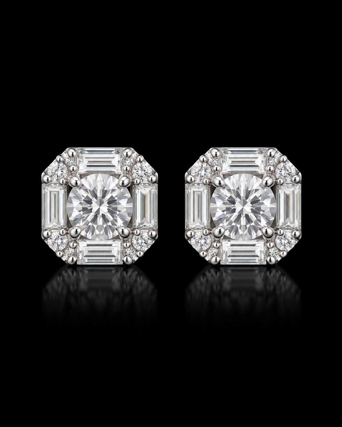 Round & Baguette Moissanite Cluster Stud Earrings – 925 Sterling Silver