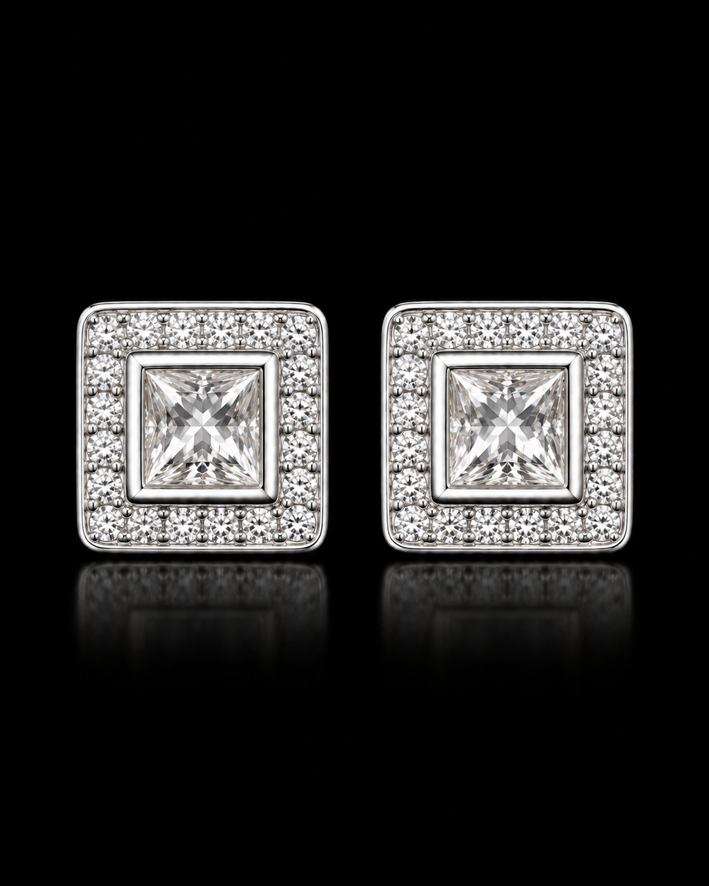 Princess Cut Moissanite Halo Stud Earrings – 925 Sterling Silver