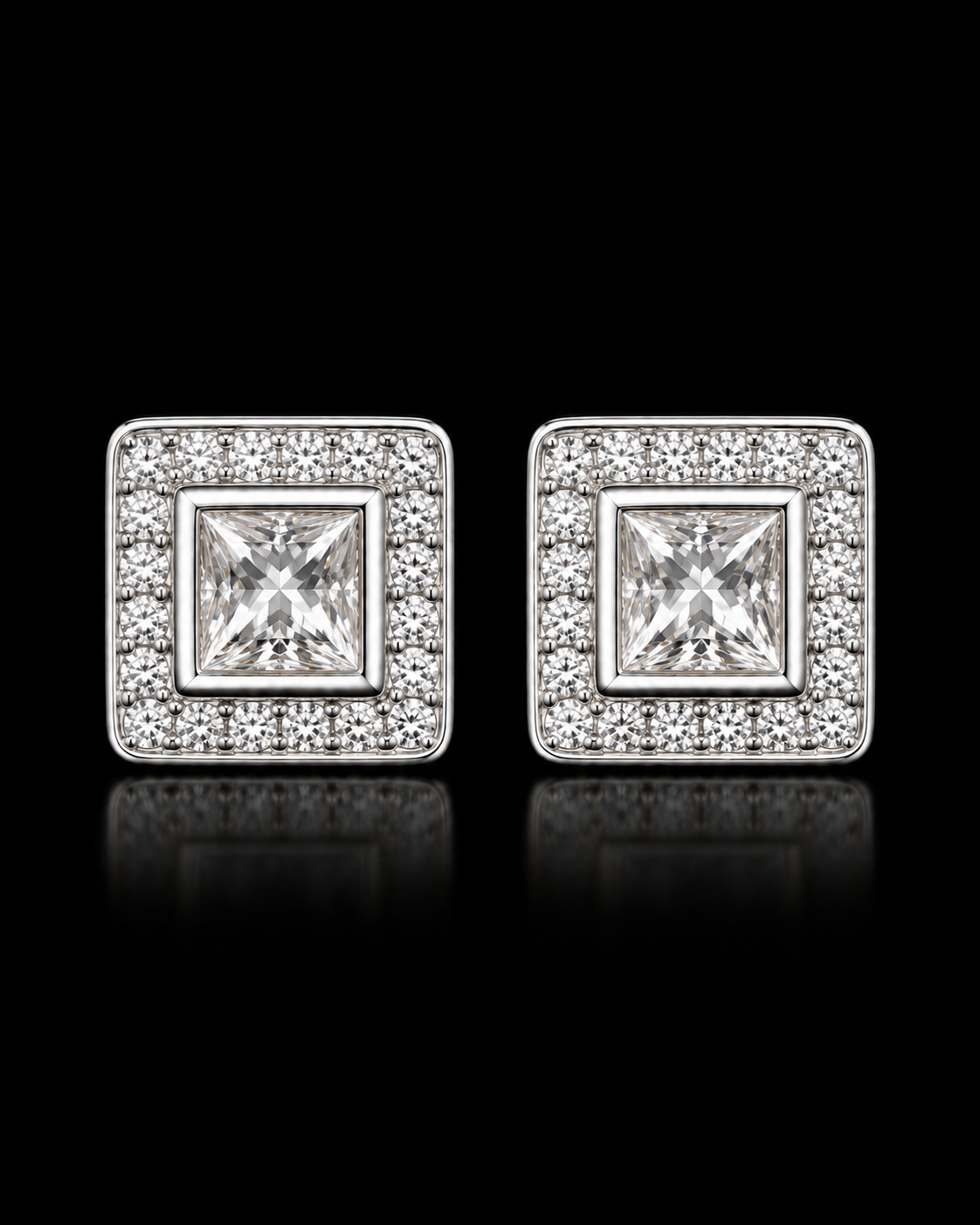 Princess Cut Moissanite Halo Stud Earrings – 925 Sterling Silver
