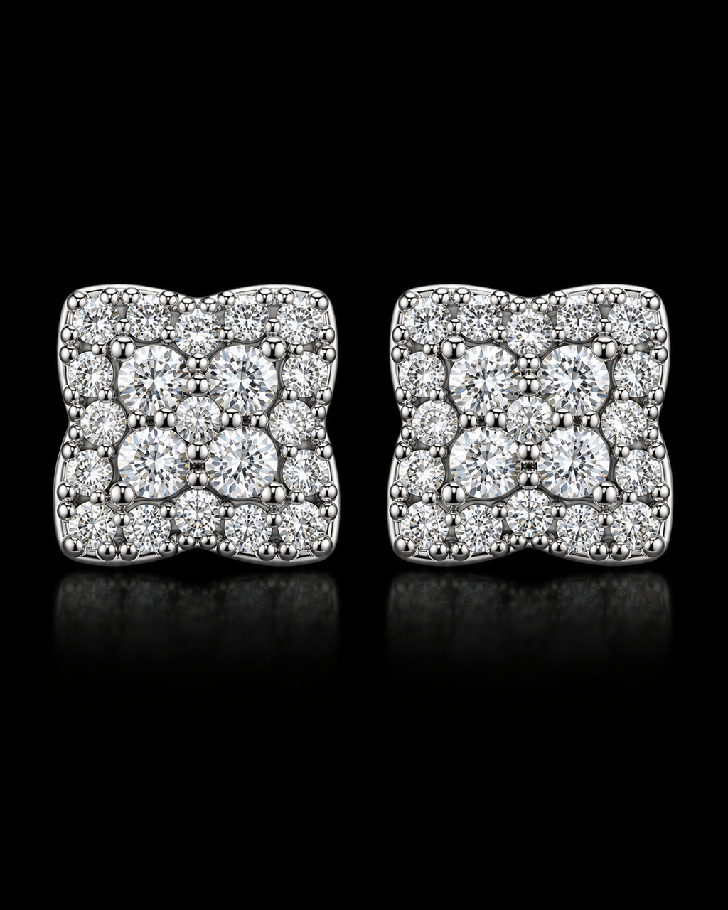 Round Moissanite Cluster Square Stud Earrings – 925 Sterling Silver