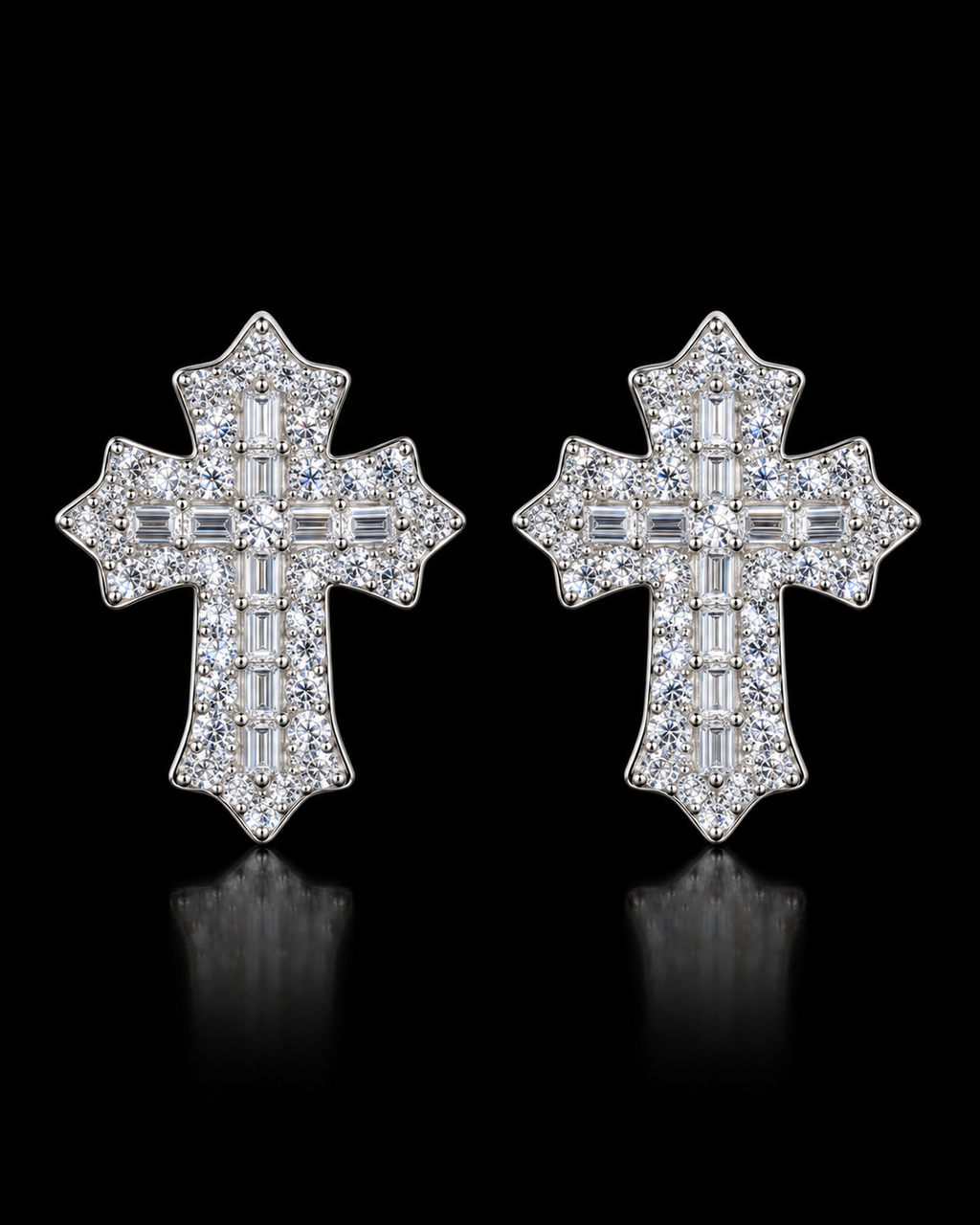 Baguette Cross Moissanite Stud Earrings – 925 Sterling Silver