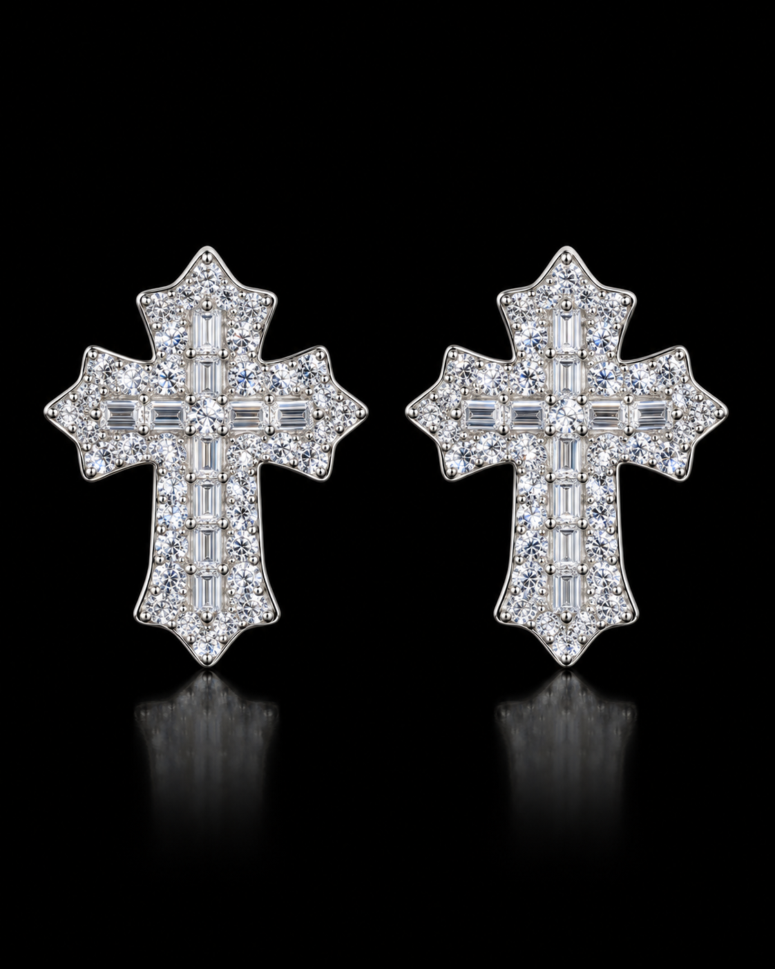 Baguette Cross Moissanite Stud Earrings – 925 Sterling Silver