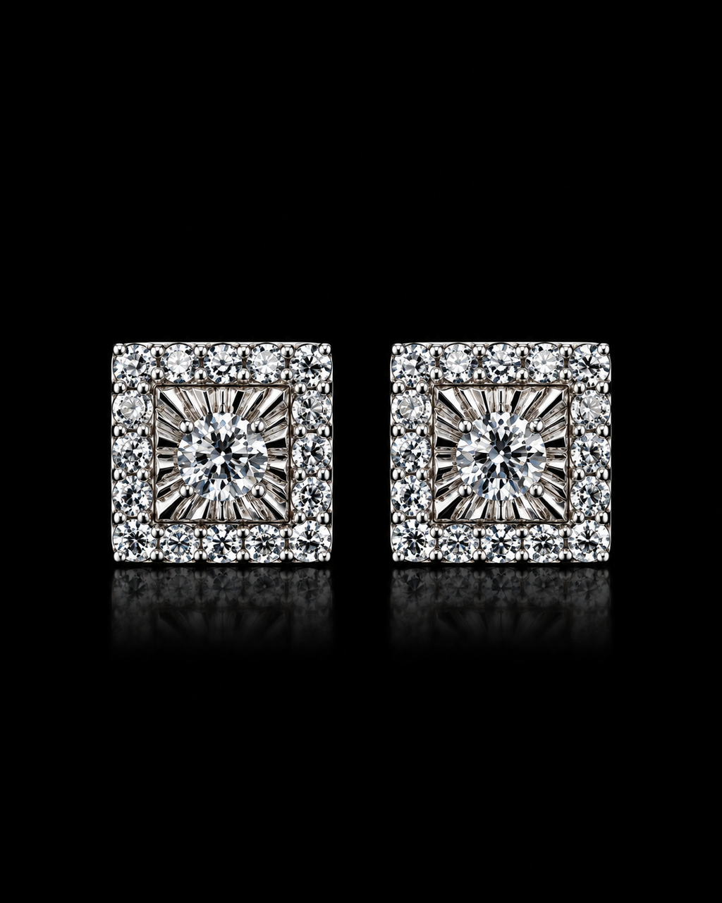 Round Moissanite Baguette Halo Square Stud Earrings – 925 Sterling Silver