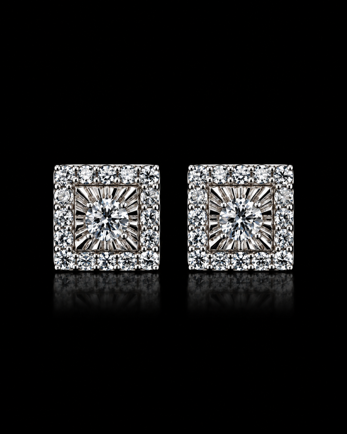 Round Moissanite Baguette Halo Square Stud Earrings – 925 Sterling Silver
