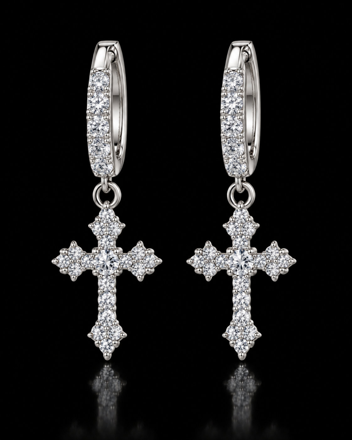 Moissanite Cross Drop Huggie Earrings – 925 Sterling Silver
