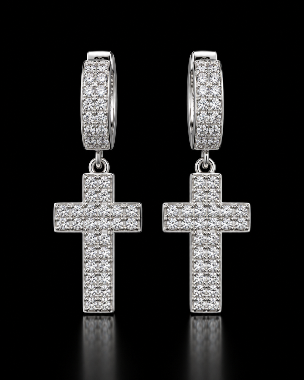 Moissanite Pave Cross Drop Huggie Earrings – 925 Sterling Silver