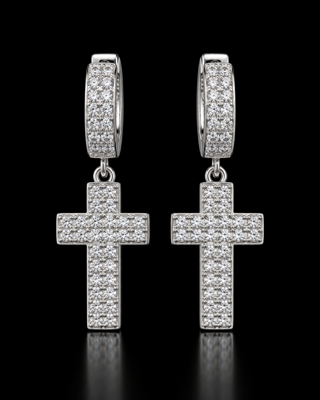 Moissanite Pave Cross Drop Huggie Earrings – 925 Sterling Silver