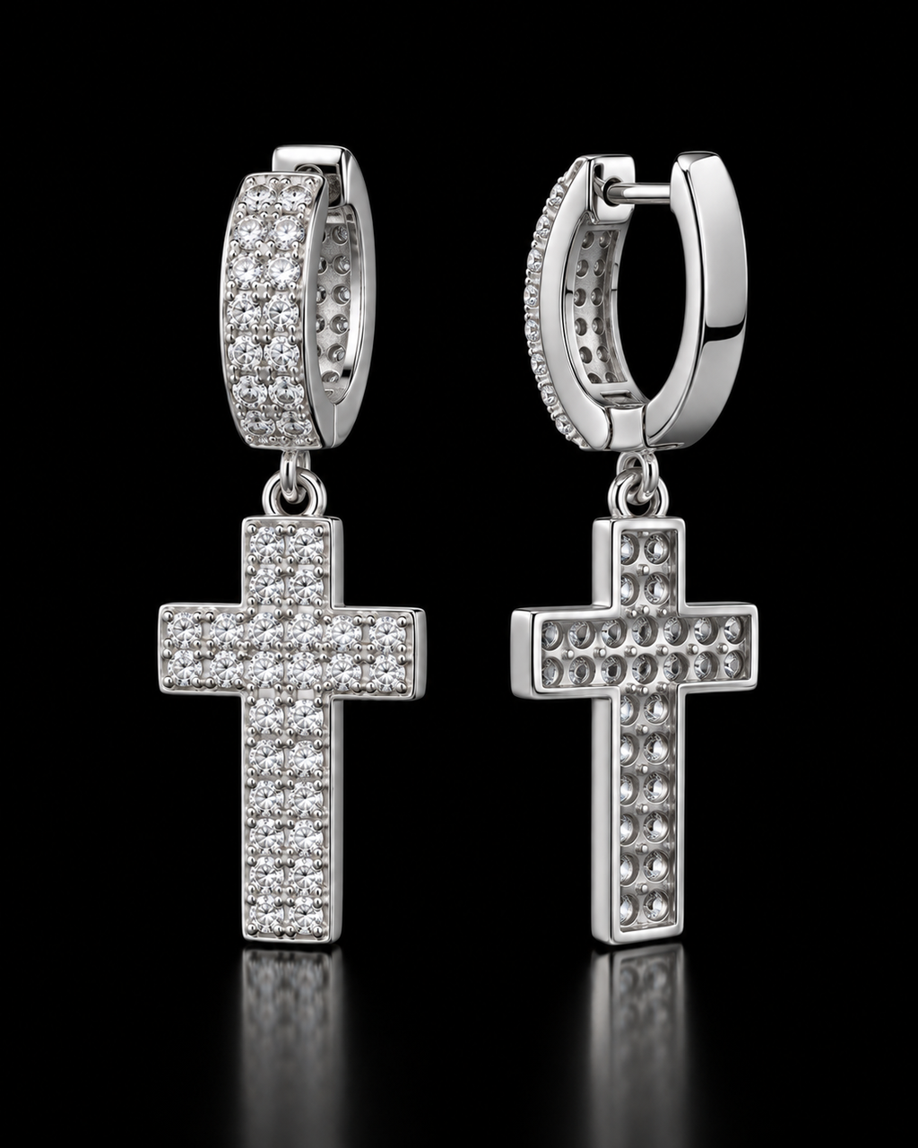 Moissanite Pave Cross Drop Huggie Earrings – 925 Sterling Silver