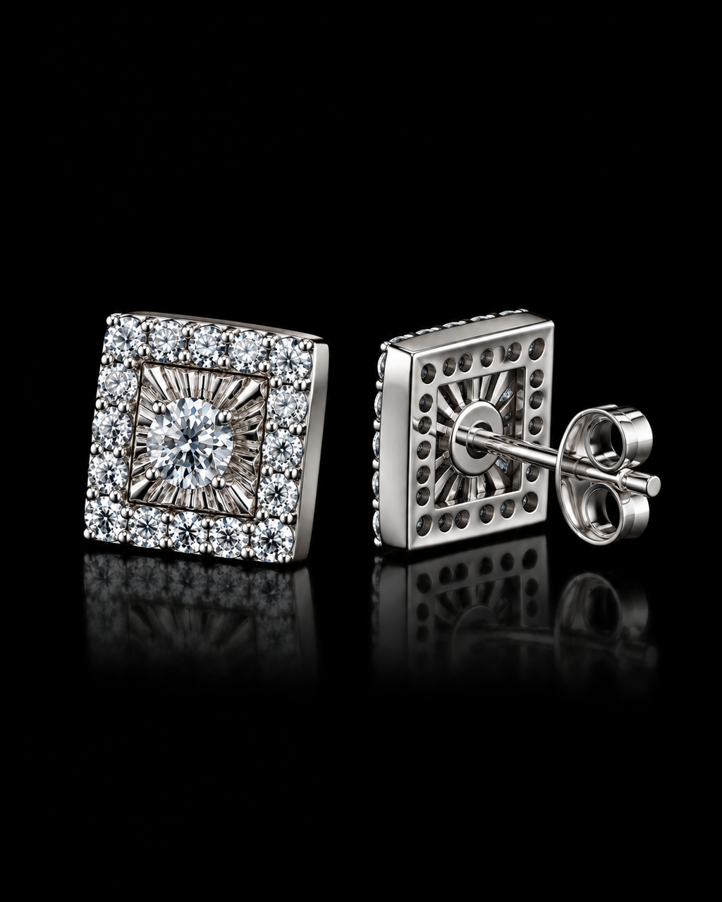 Round Moissanite Baguette Halo Square Stud Earrings – 925 Sterling Silver