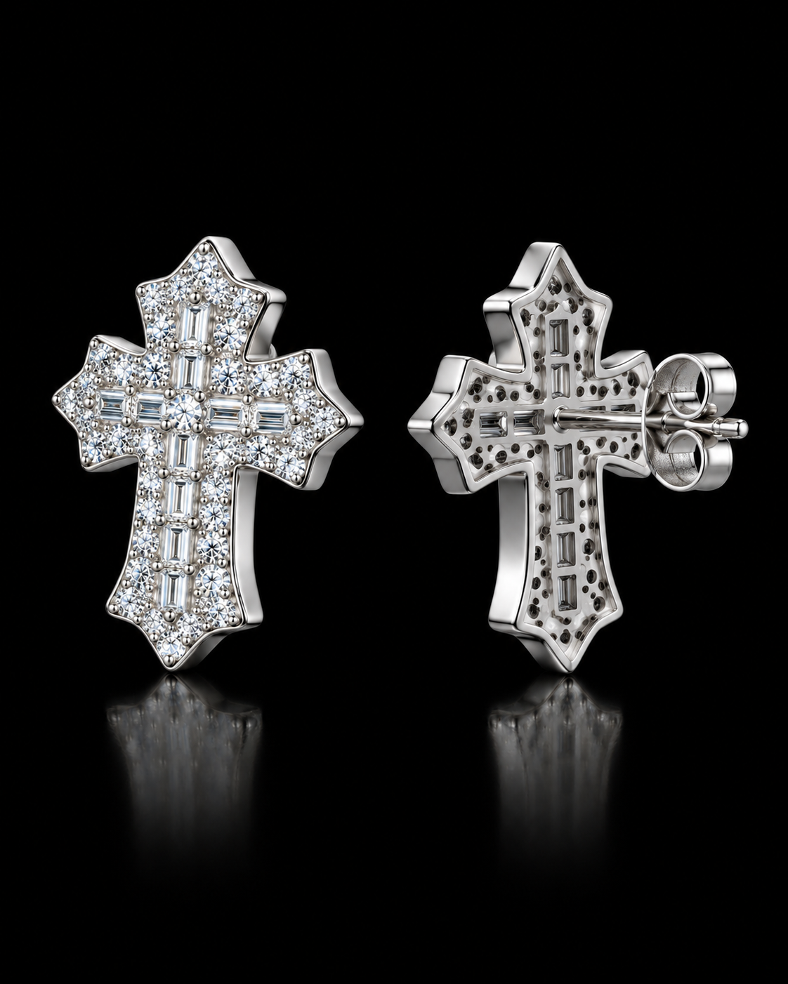 Baguette Cross Moissanite Stud Earrings – 925 Sterling Silver