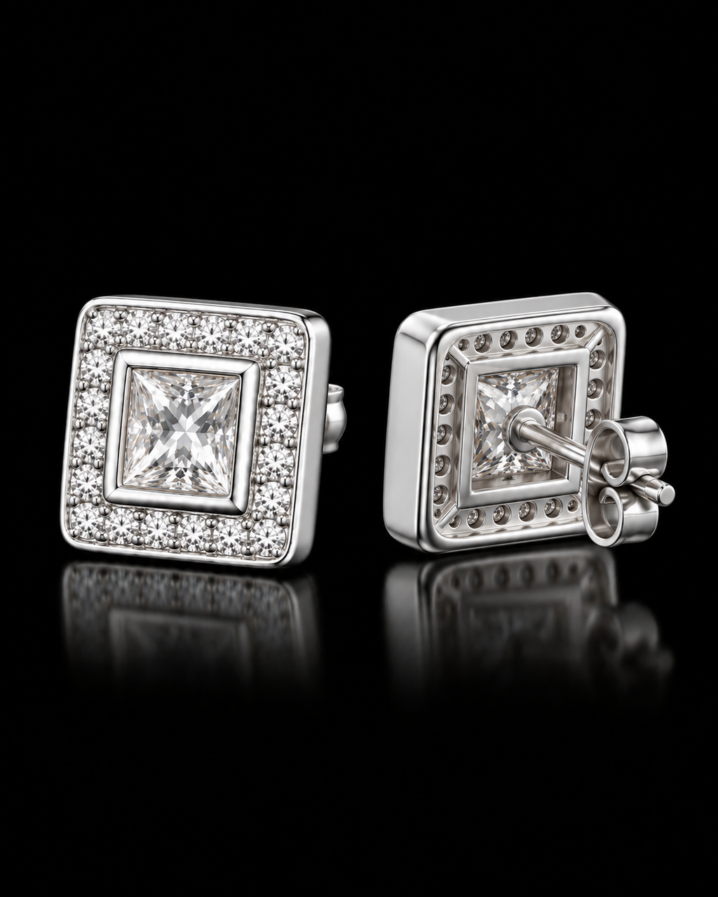 Princess Cut Moissanite Halo Stud Earrings – 925 Sterling Silver