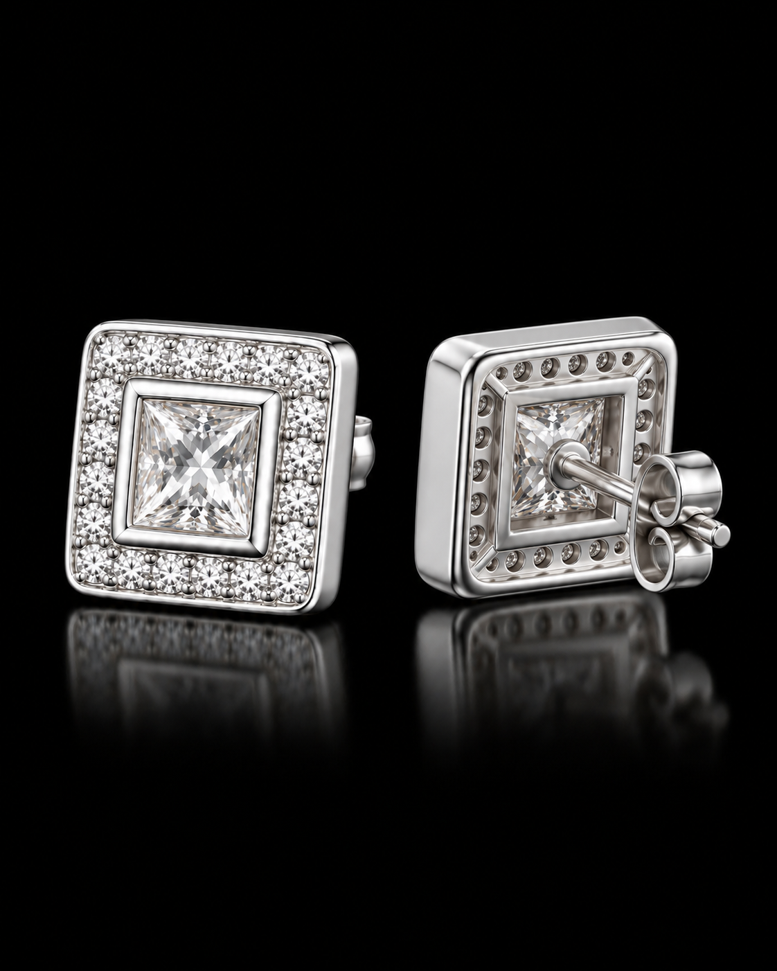 Princess Cut Moissanite Halo Stud Earrings – 925 Sterling Silver
