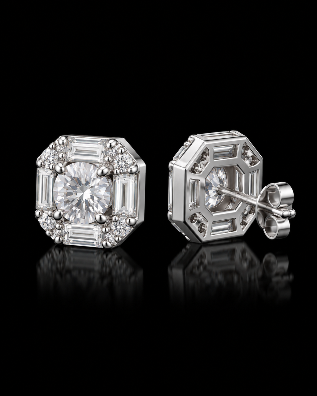 Round & Baguette Moissanite Cluster Stud Earrings – 925 Sterling Silver