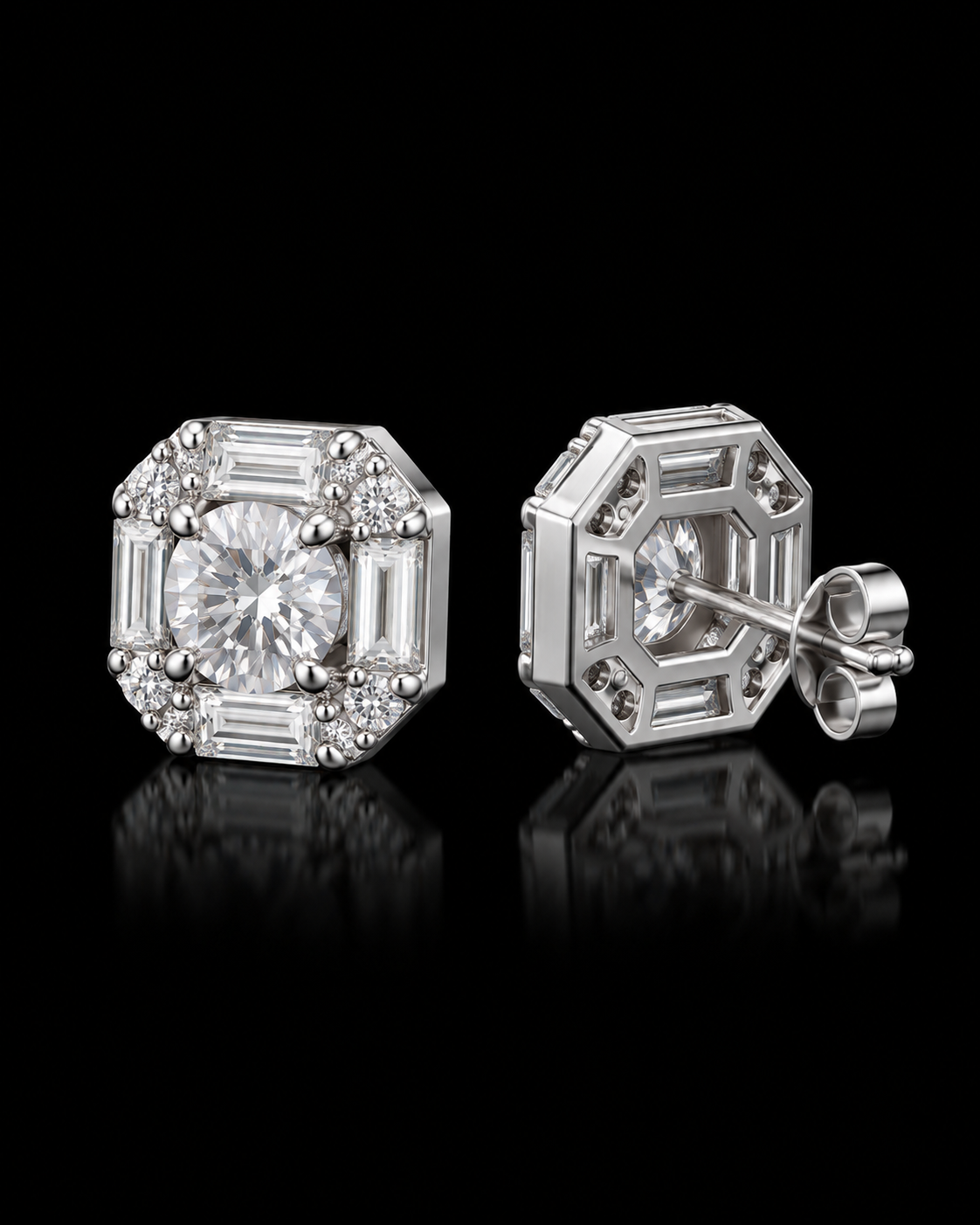 Round & Baguette Moissanite Cluster Stud Earrings – 925 Sterling Silver