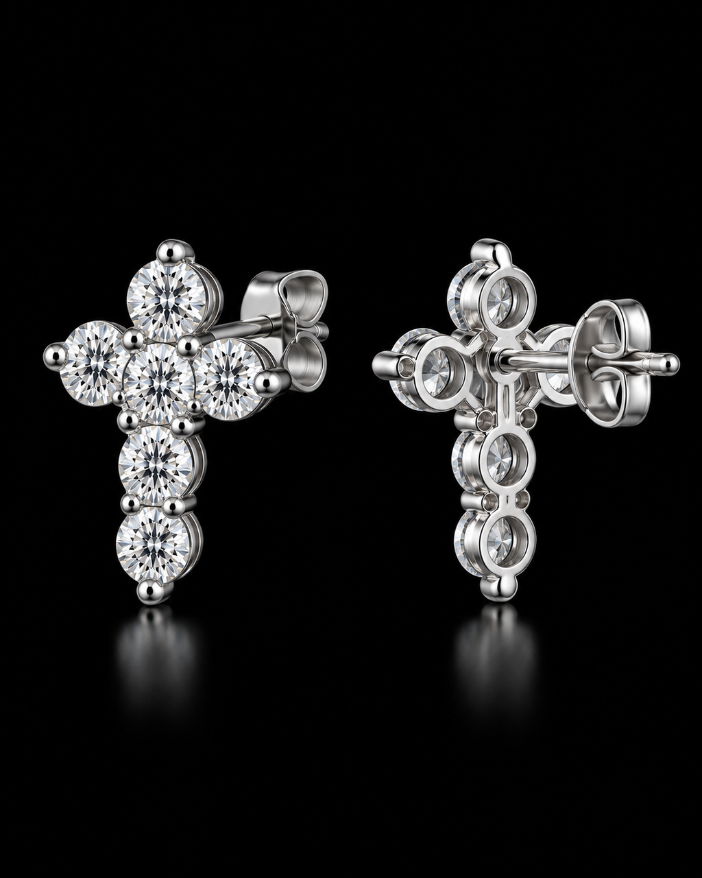 Round Moissanite Cross Stud Earrings – 925 Sterling Silver