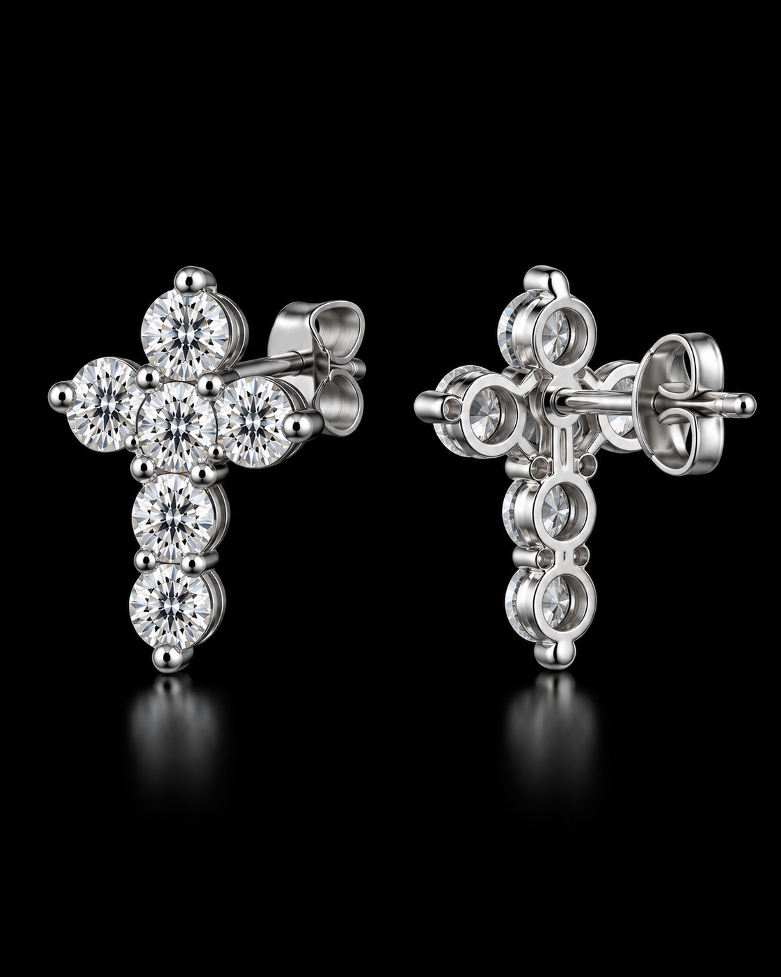 Round Moissanite Cross Stud Earrings – 925 Sterling Silver