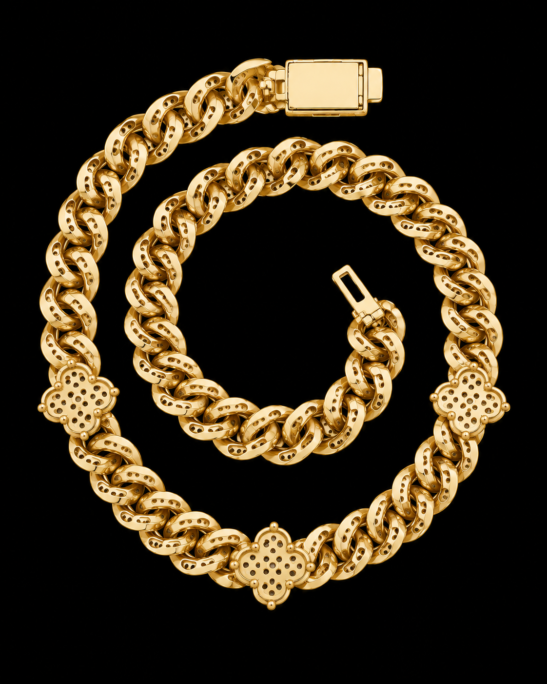 10MM Iced-Out Cuban Link Chain with Floral Accents – 925 Sterling Silver