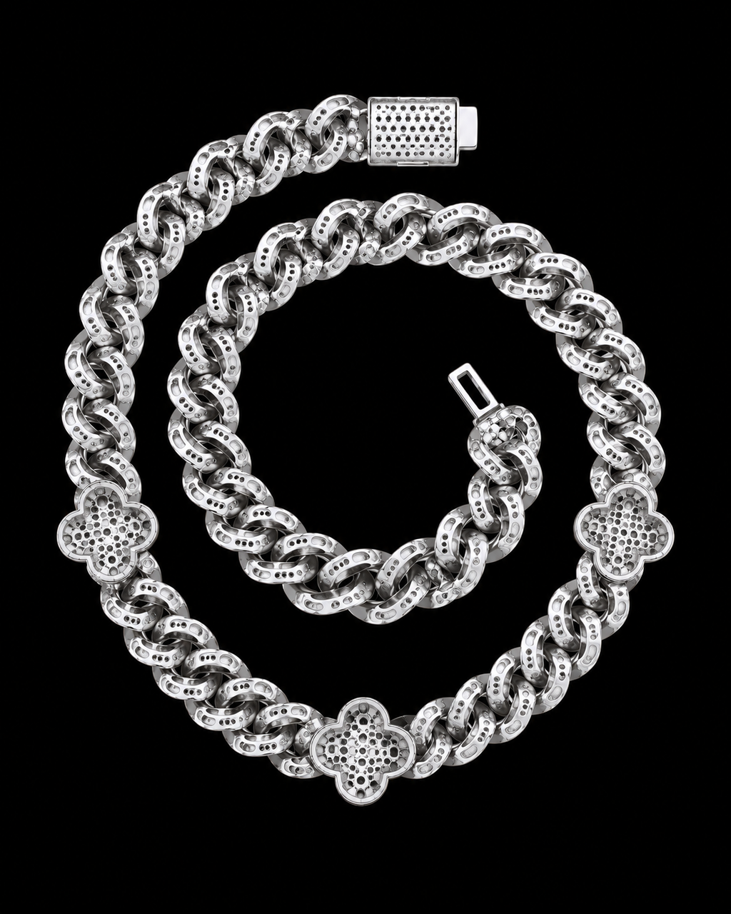 VVS Moissanite Clover Cuban Link Chain – White Gold Finish Iced Out Necklace