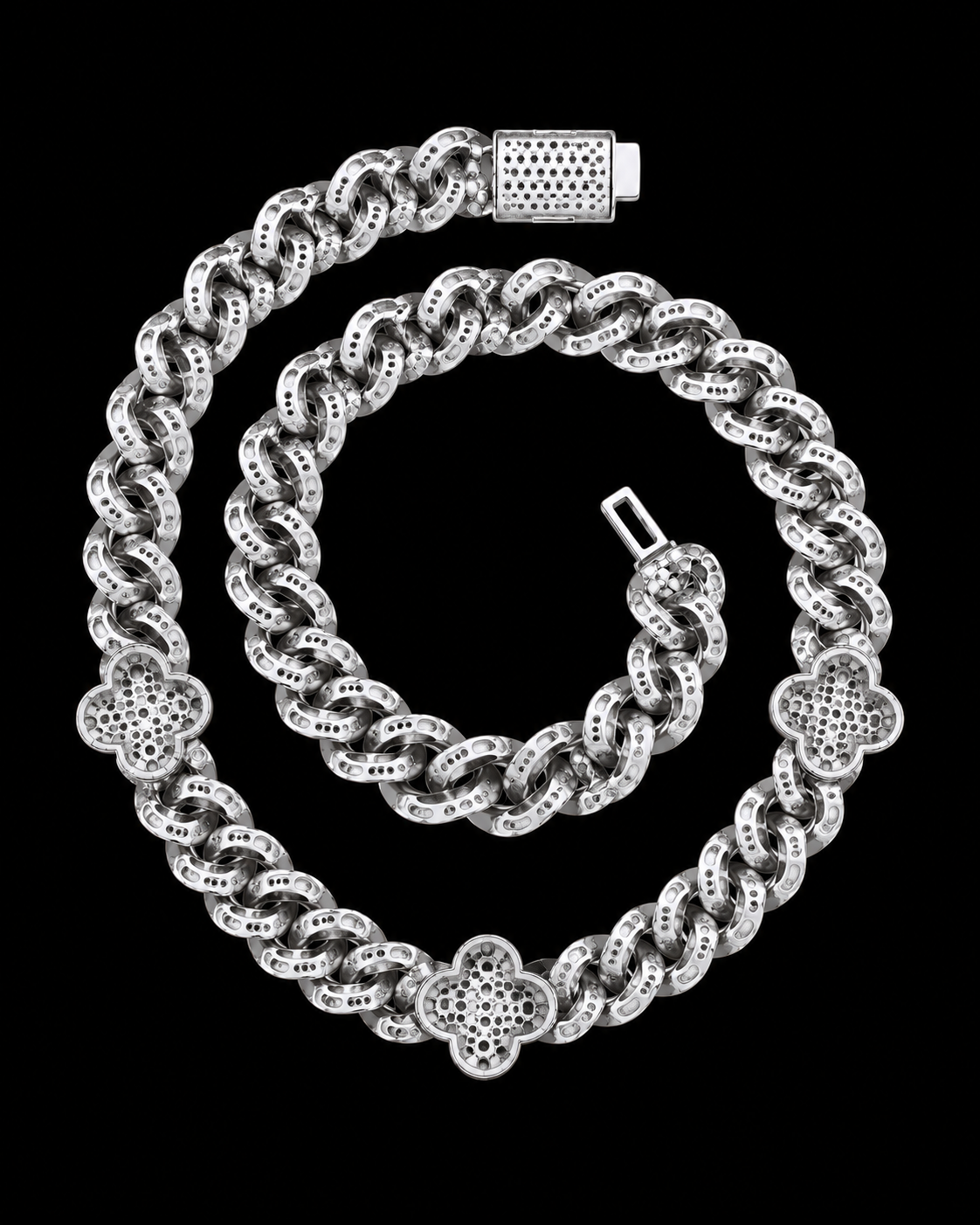 VVS Moissanite Clover Cuban Link Chain – White Gold Finish Iced Out Necklace