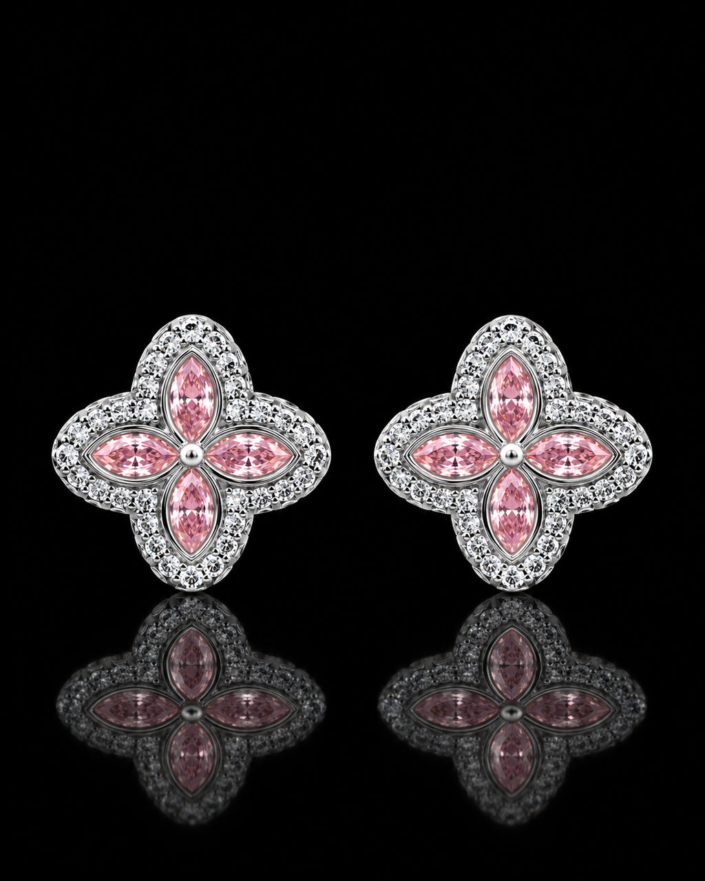 Pink Marquise Clover Moissanite Stud Earrings – 925 Sterling Silver