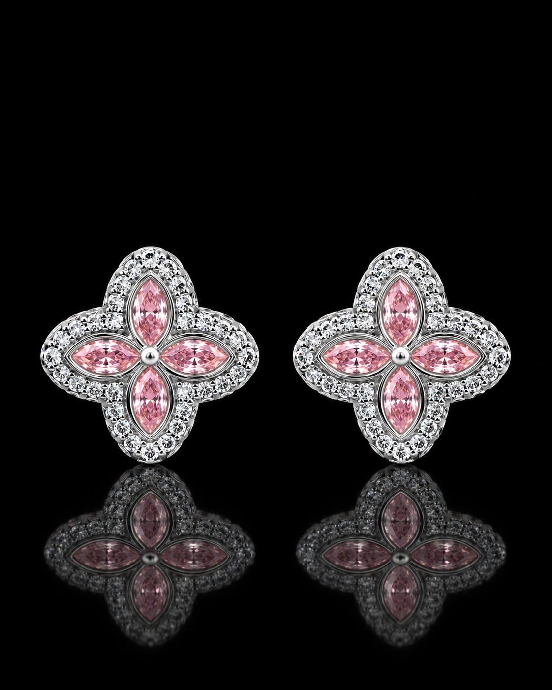 Pink Marquise Clover Moissanite Stud Earrings – 925 Sterling Silver